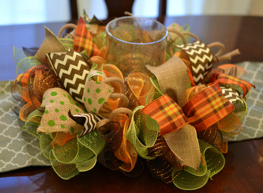 Thanksgiving Table Centerpiece Candle Holder | Orange Brown Green White Burlap