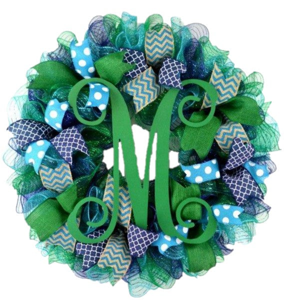 Everyday Monogram Mesh Door Wreath | Navy Blue Emerald Green Turquoise