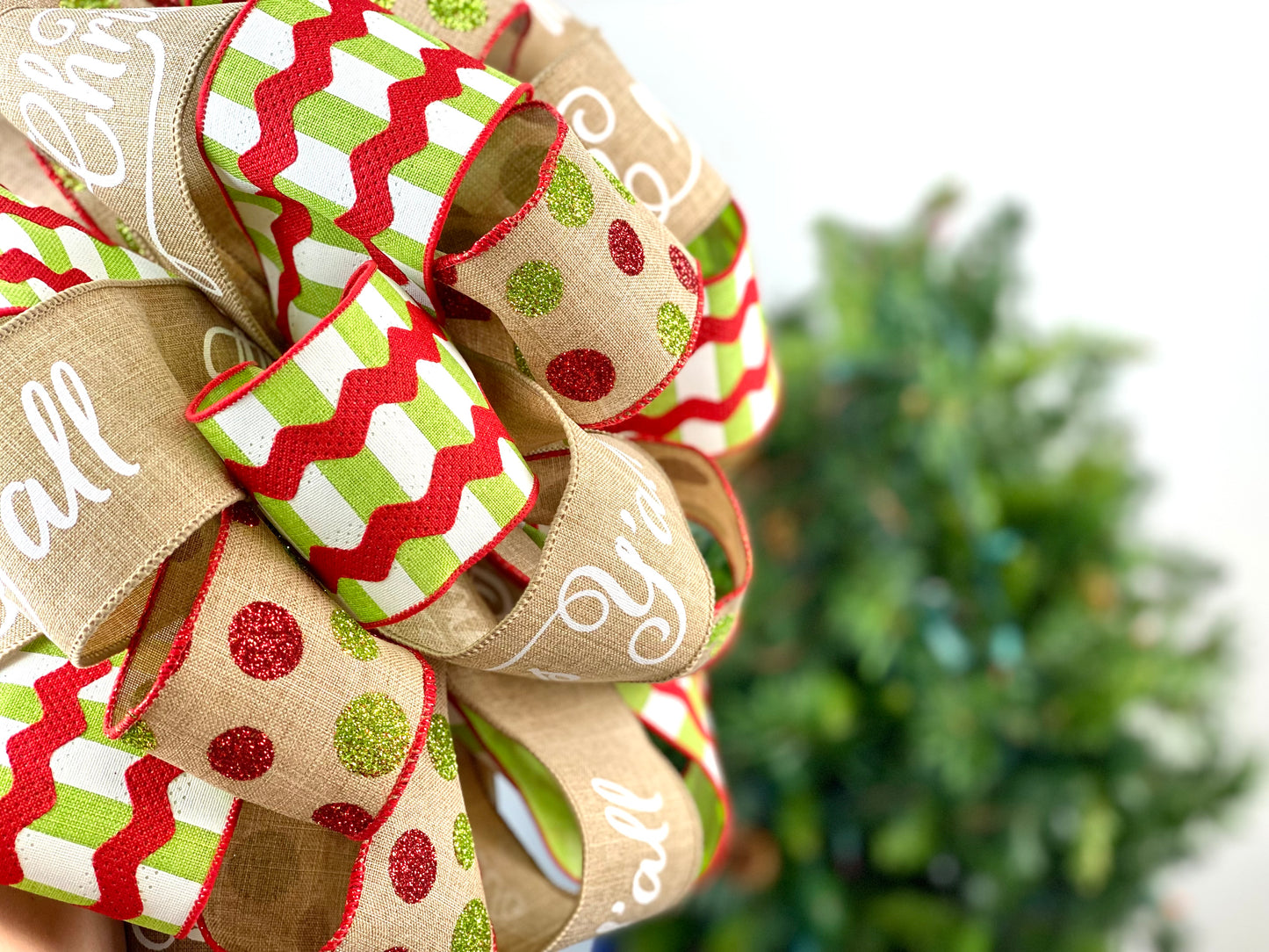 Christmas Tree Bow with Tails | Red Lime Green Burlap | Large Present Bow