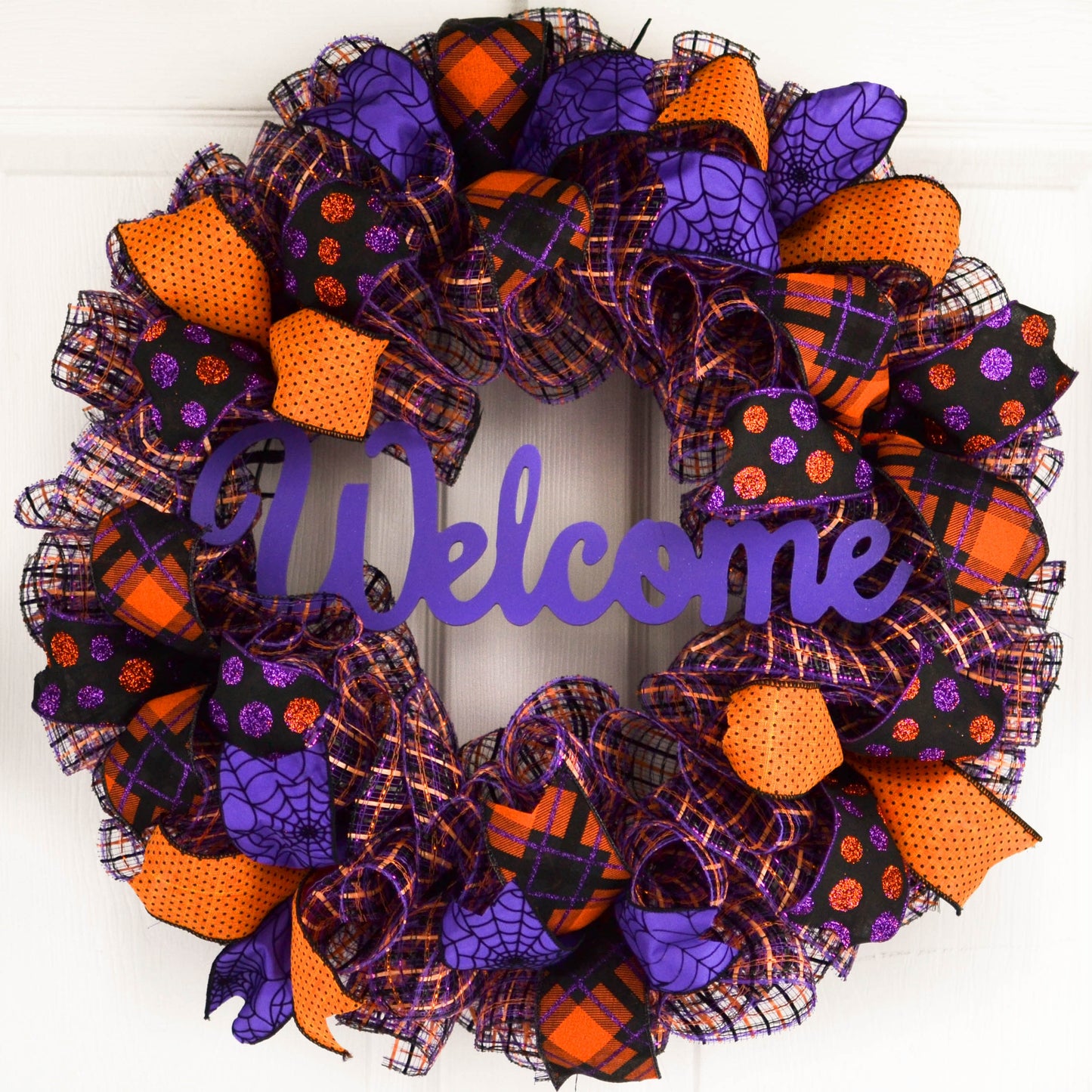 Welcome Halloween Door Wreaths | Orange Black Purple Mesh Wreath