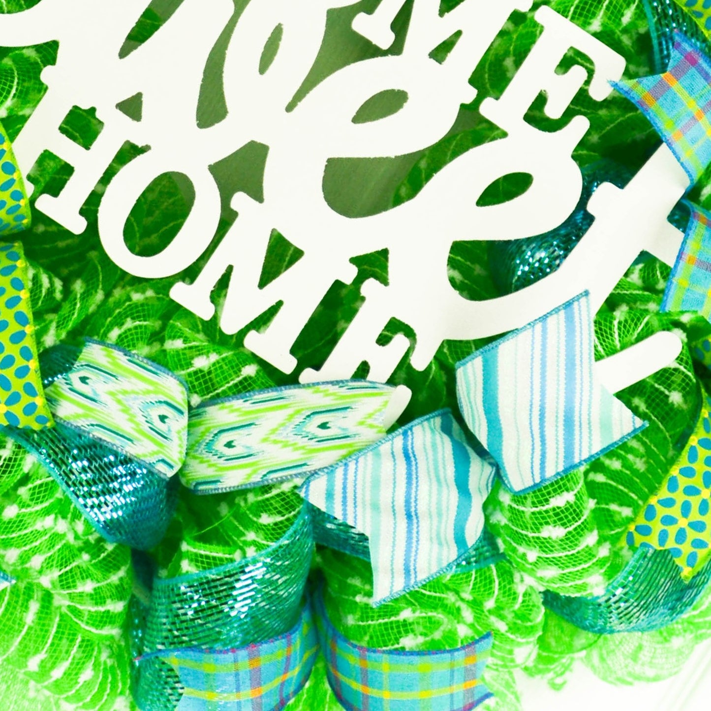 Home Sweet Home Everyday Deco Mesh Door Wreath - Lime Green White Turquoise