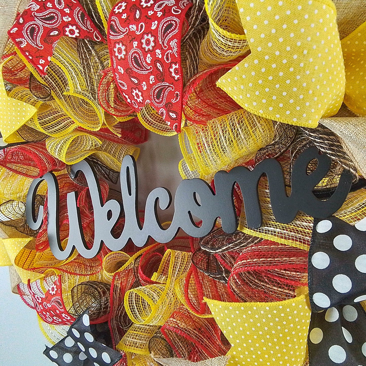 Summer Welcome Mesh Wreath, Yellow Wreaths for Front Door, Black Red