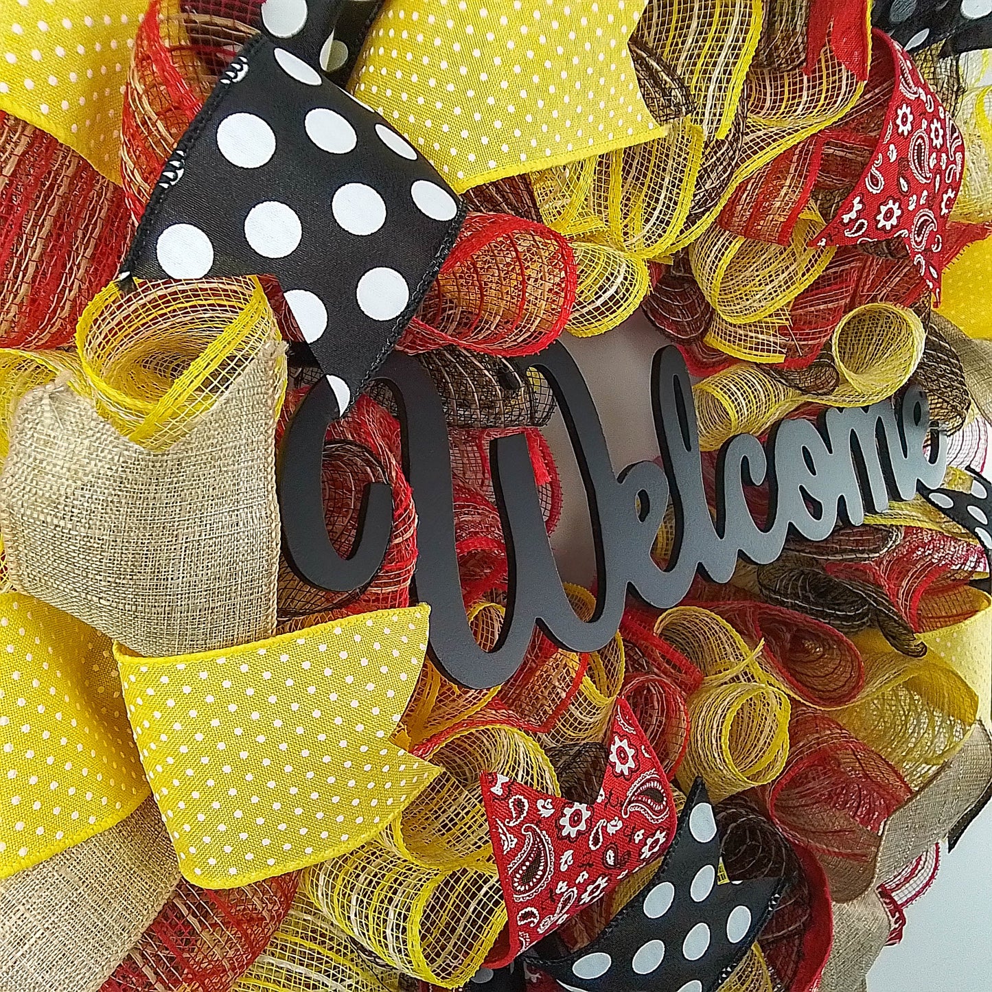 Summer Welcome Mesh Wreath, Yellow Wreaths for Front Door, Black Red