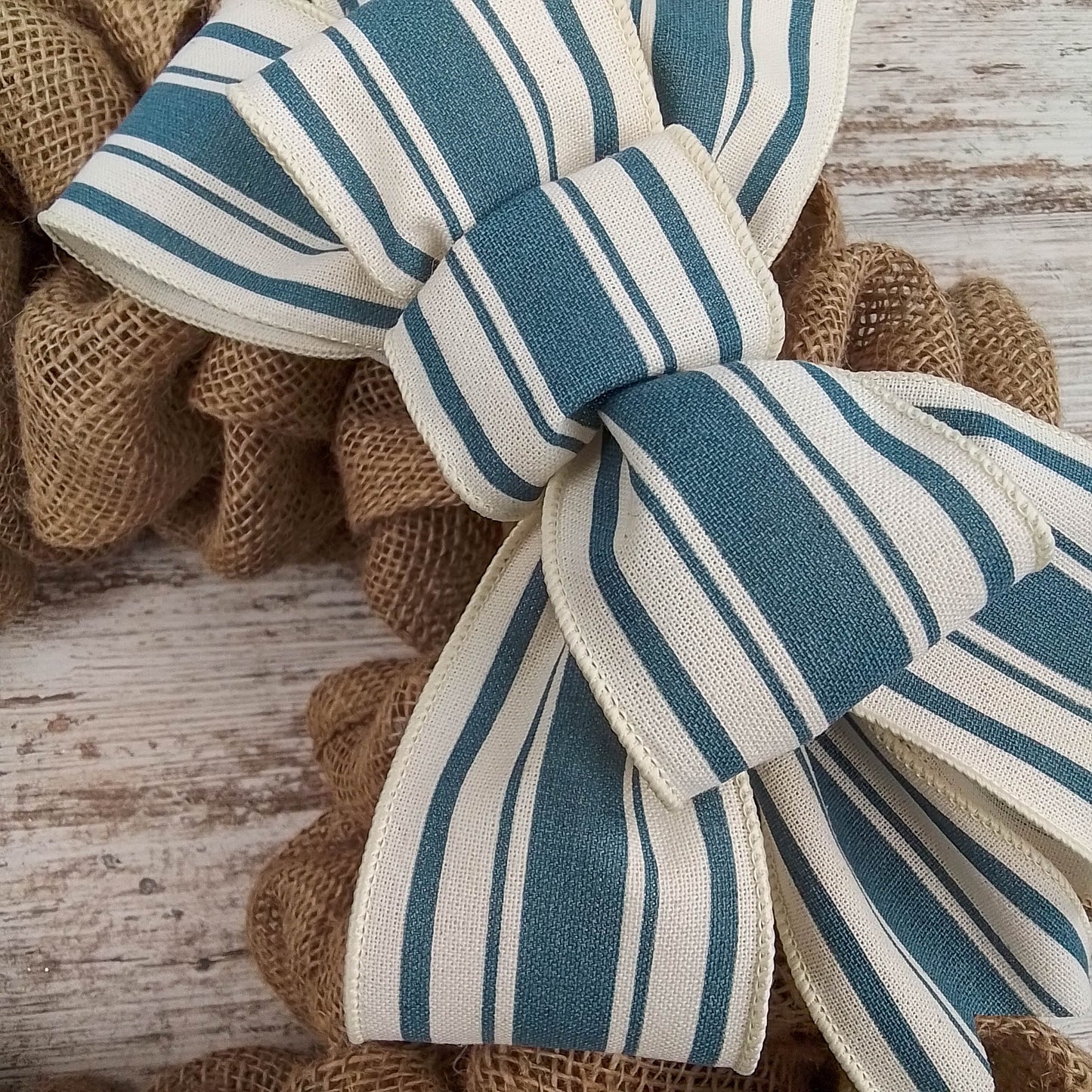 Farmhouse Cornflower Light Blue Ivory Off White Stripe Add On Wreath Bow - Wreath Embellishment for Already Made Wreath