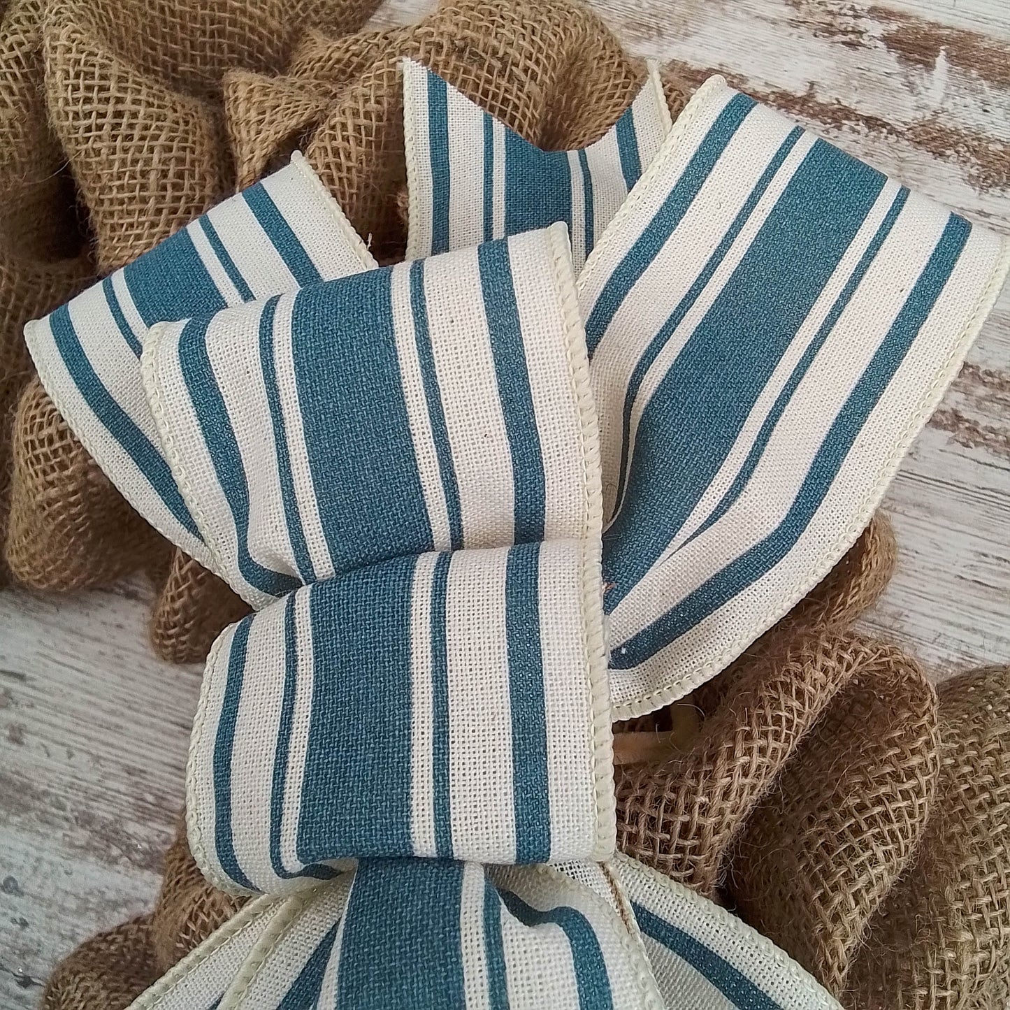 Farmhouse Cornflower Light Blue Ivory Off White Stripe Add On Wreath Bow - Wreath Embellishment for Already Made Wreath