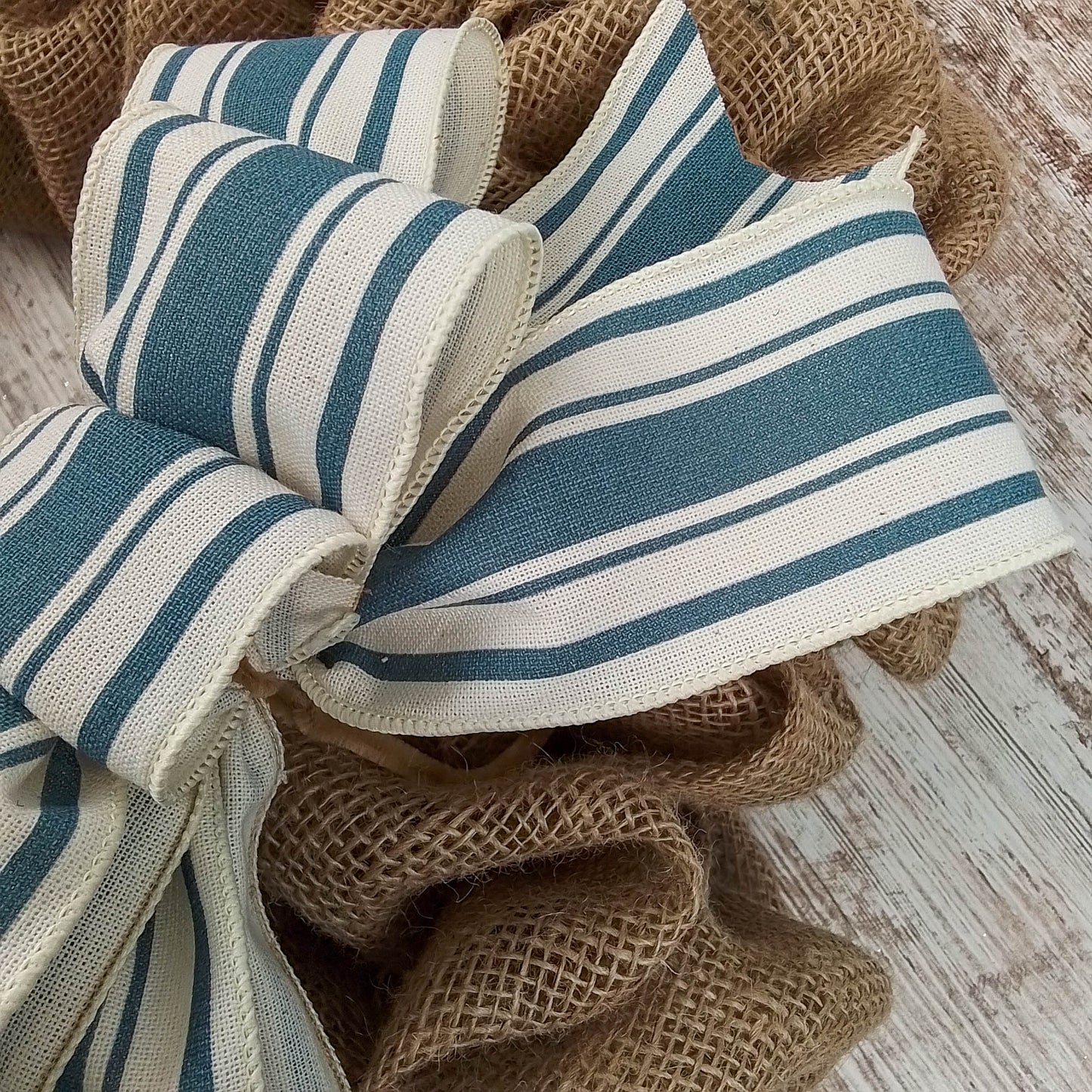 Farmhouse Cornflower Light Blue Ivory Off White Stripe Add On Wreath Bow - Wreath Embellishment for Already Made Wreath