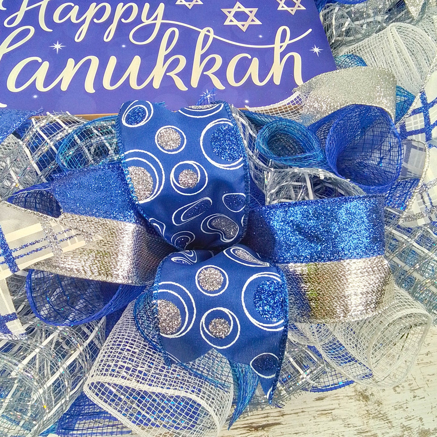 Happy Hanukkah Wreath - Winter Mesh Door Wreath - Royal Blue, White, Silver