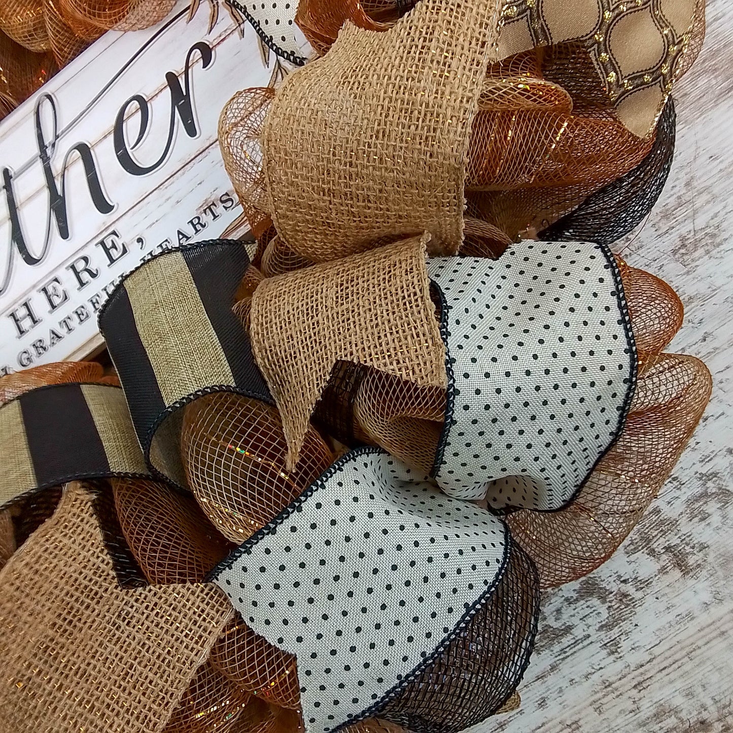 Gather Here Wreath | Fall Mesh Door Wreath | Thanksgiving Brown Ivory Black