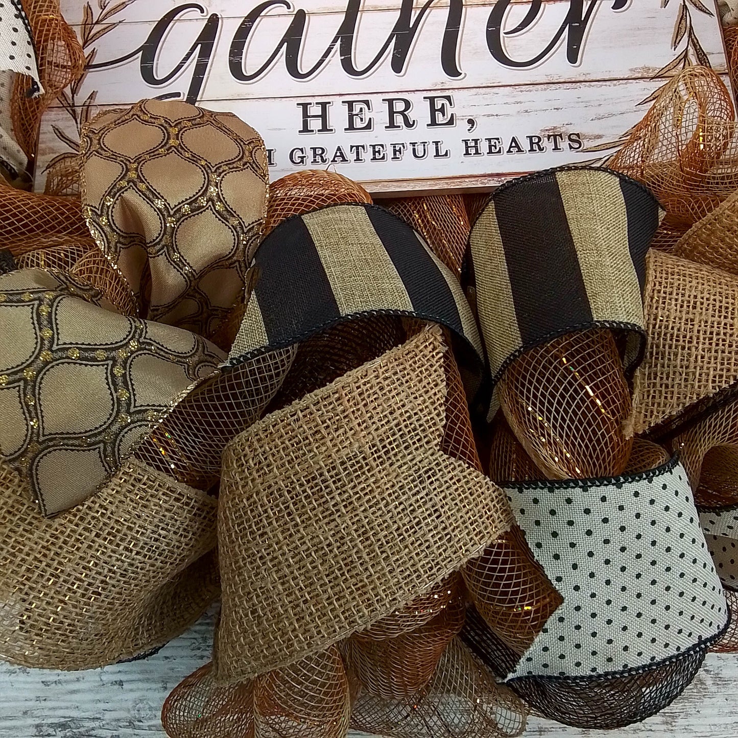 Gather Here Wreath | Fall Mesh Door Wreath | Thanksgiving Brown Ivory Black