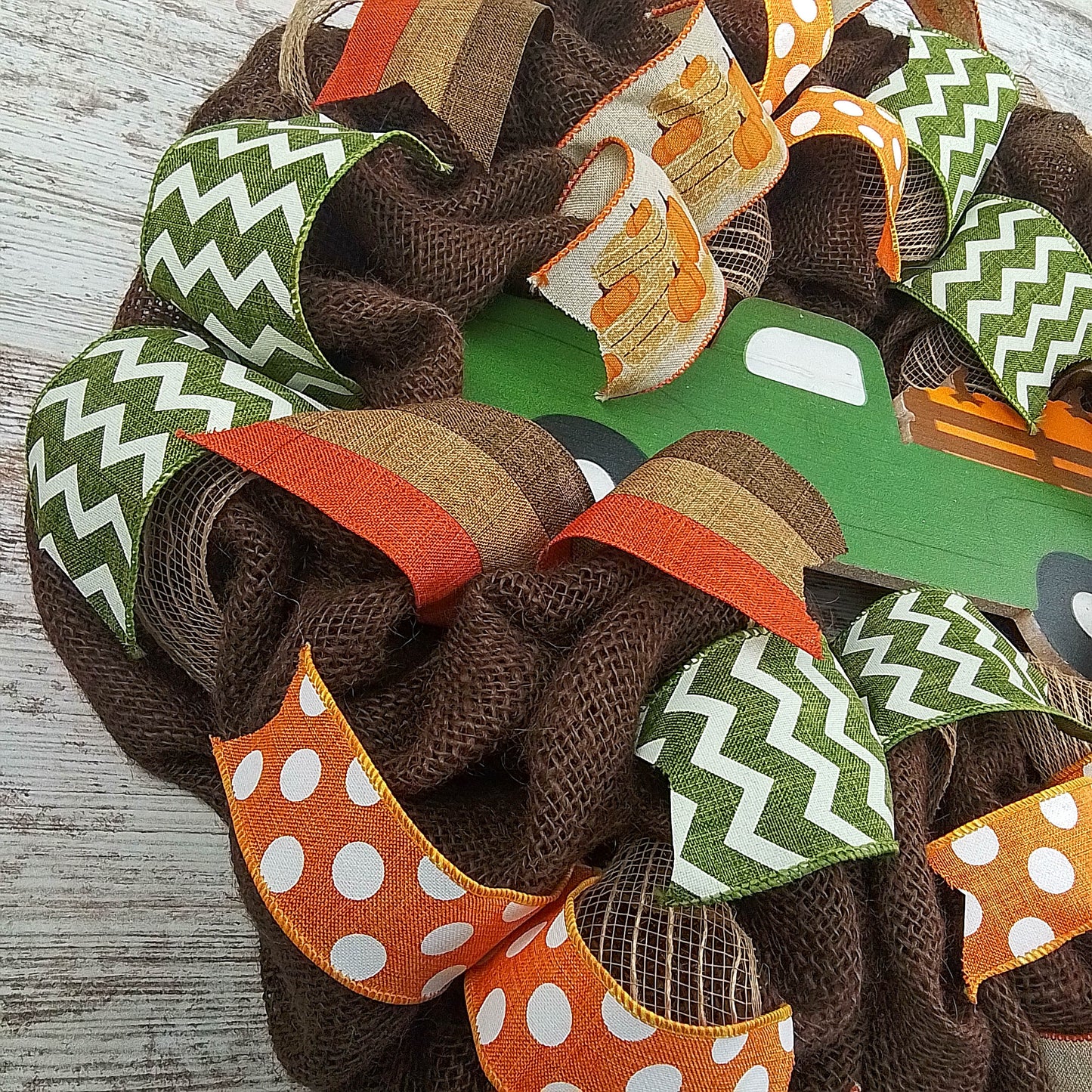 Fall Truck Wreath | Farm Pumpkin Thanksgiving Deco Burlap Front Door Wreath | Brown Orange Green