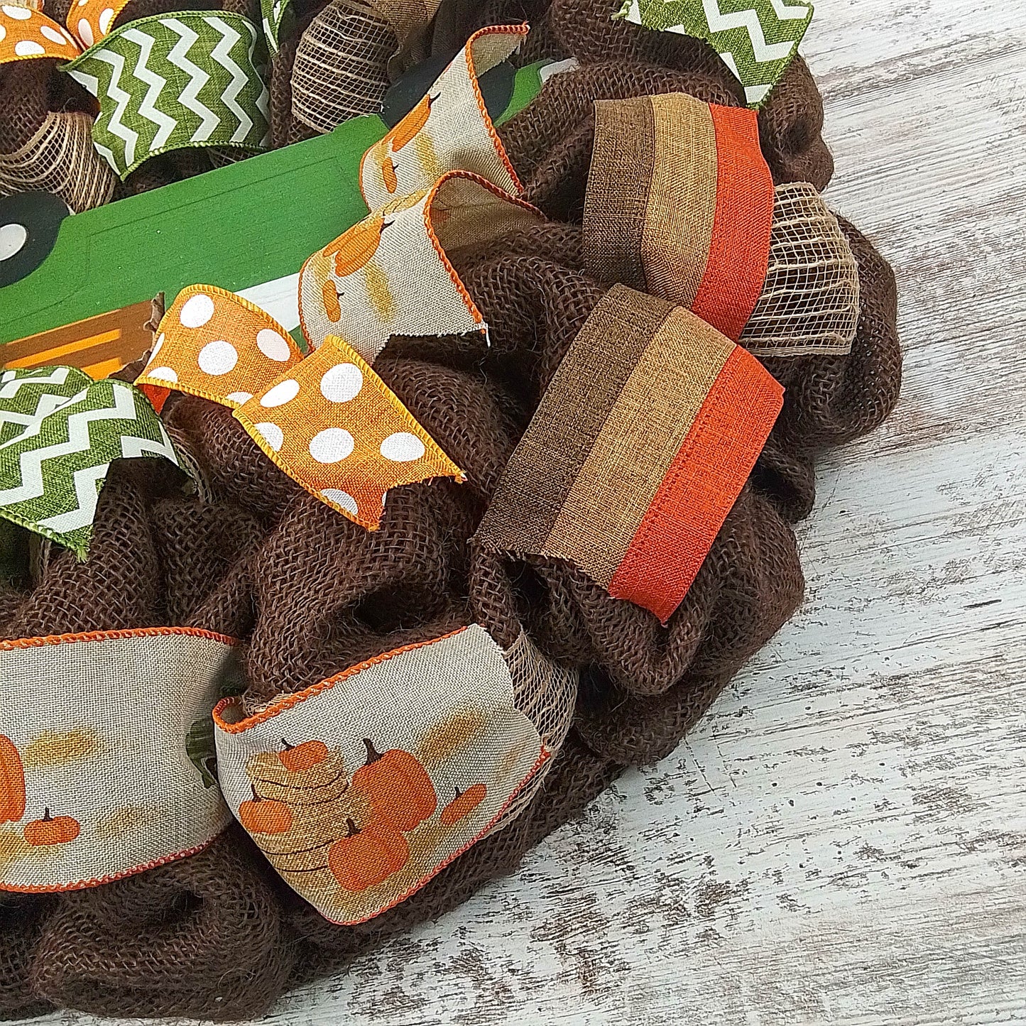 Fall Truck Wreath | Farm Pumpkin Thanksgiving Deco Burlap Front Door Wreath | Brown Orange Green