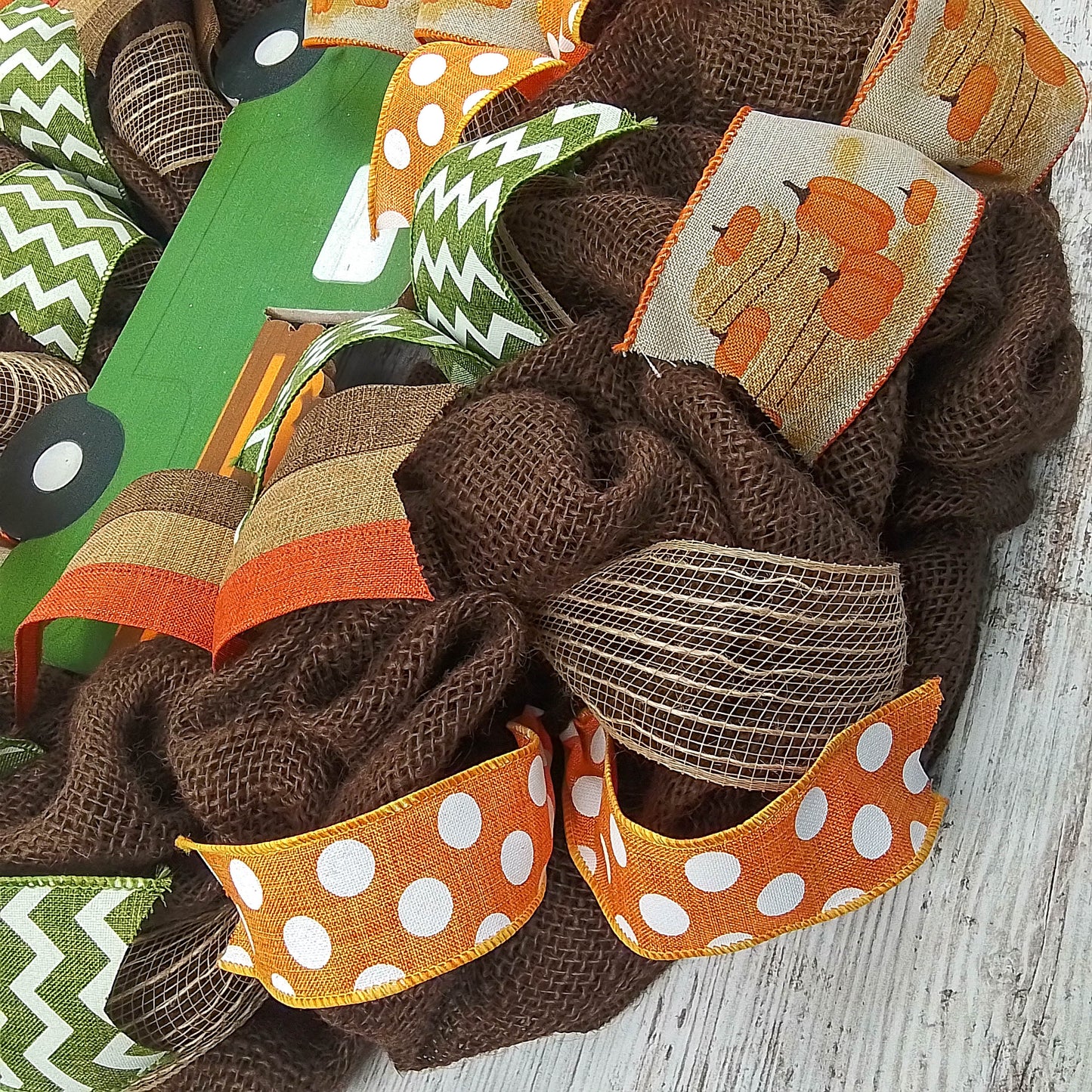 Fall Truck Wreath | Farm Pumpkin Thanksgiving Deco Burlap Front Door Wreath | Brown Orange Green