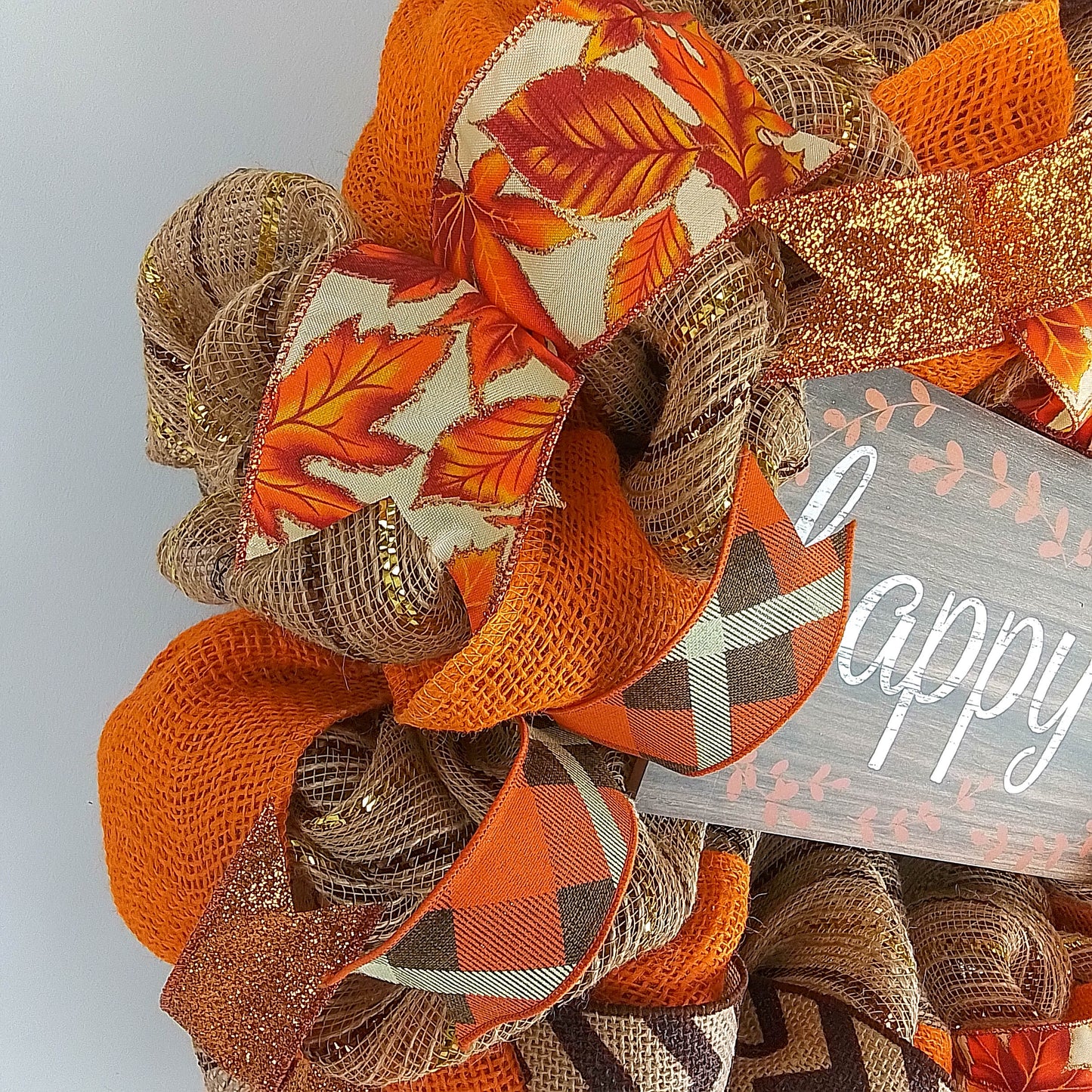 Happy Fall Thanksgiving Fall Mesh Front Door Wreath | Orange Brown Copper