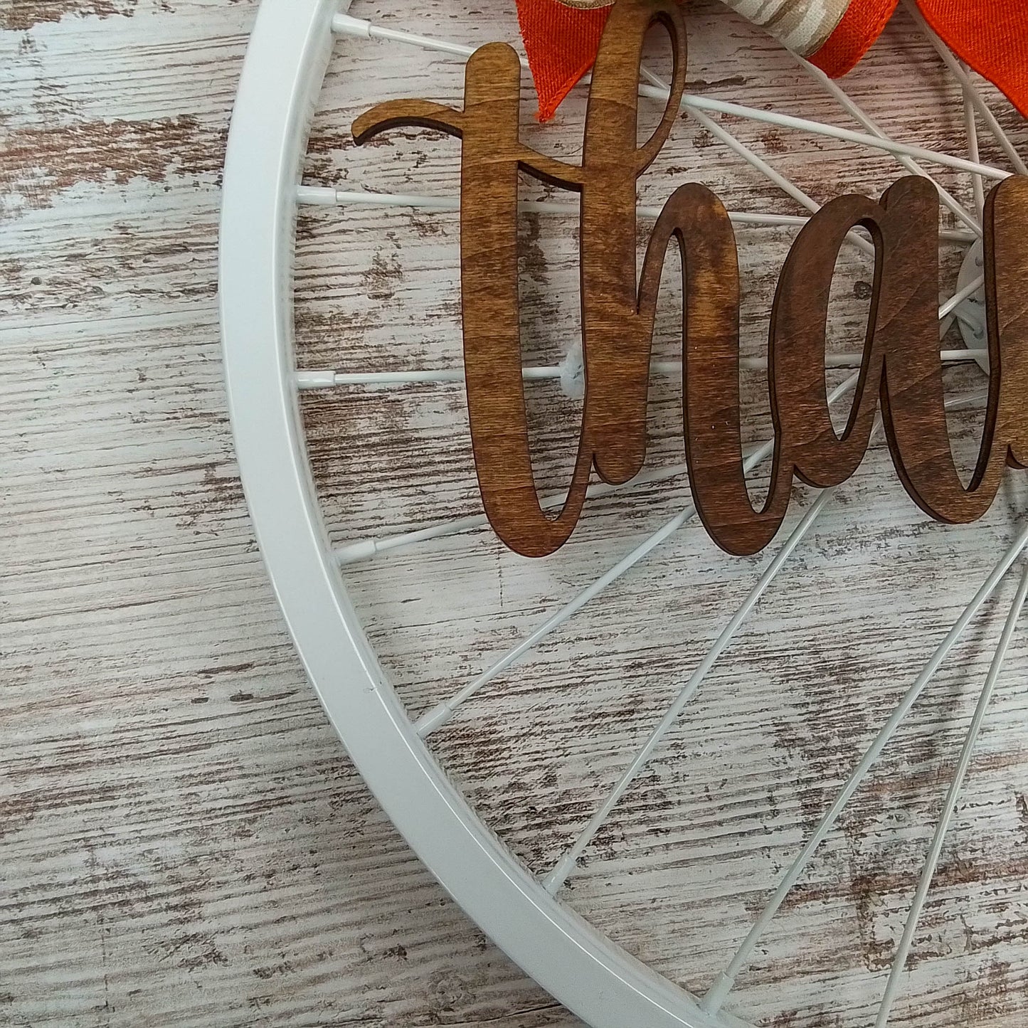 Thanksgiving Thankful Bike Rim Door Hanger - Farmhouse Round Front Porch Decor - White Burlap Orange Pumpkin Rustic Rust