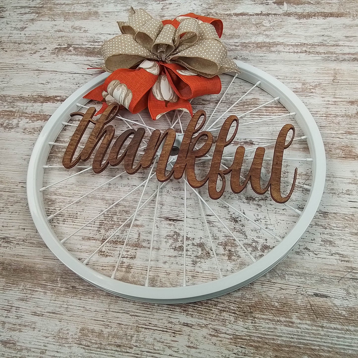 Thanksgiving Thankful Bike Rim Door Hanger - Farmhouse Round Front Porch Decor - White Burlap Orange Pumpkin Rustic Rust