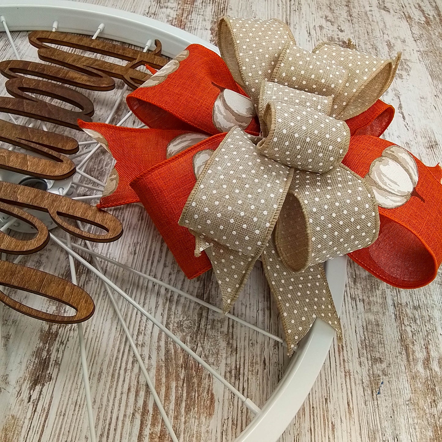 Thanksgiving Thankful Bike Rim Door Hanger - Farmhouse Round Front Porch Decor - White Burlap Orange Pumpkin Rustic Rust