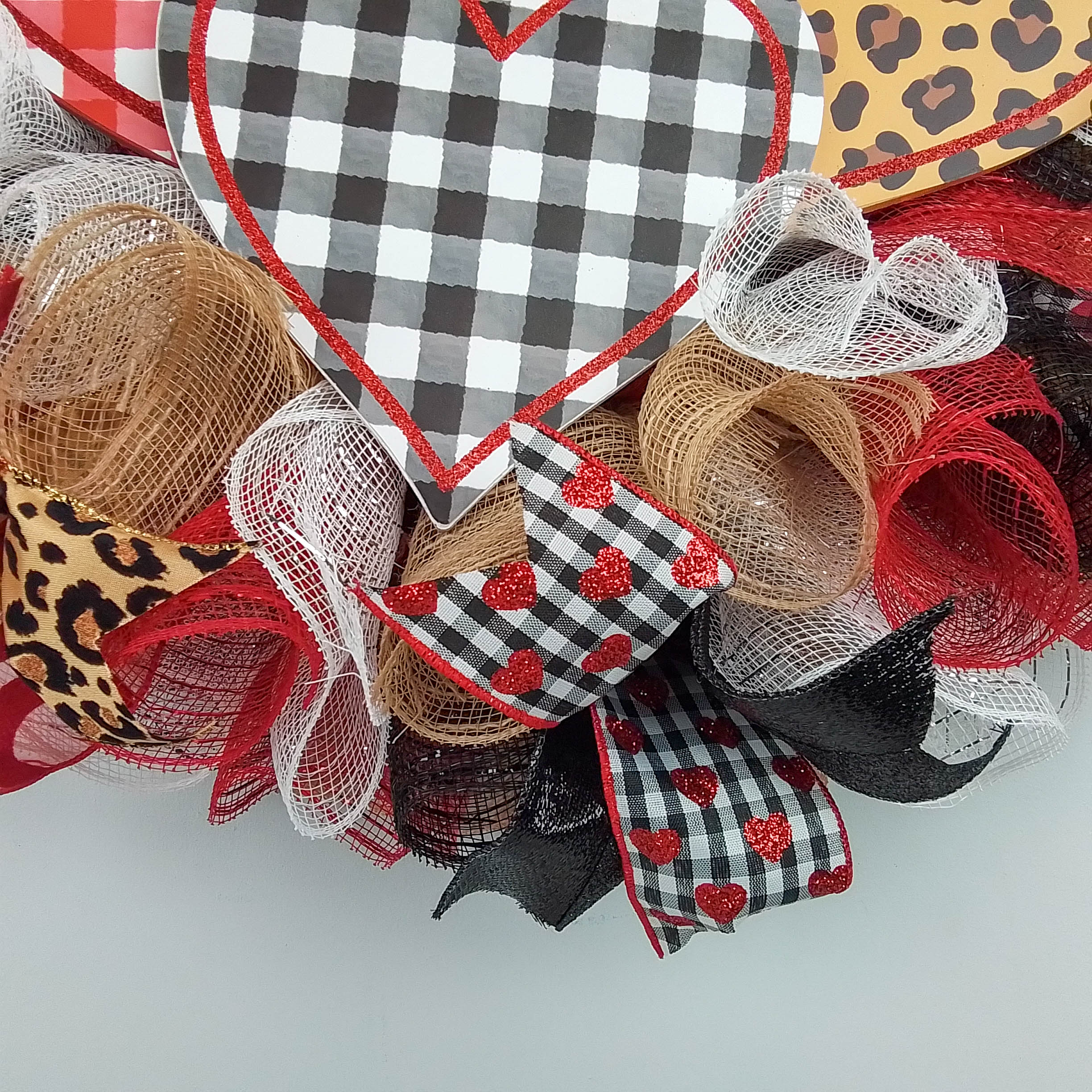 Valentine's Day Mesh Door Wreath - Red White Black Buffalo good Plaid - Animal Print Door Decor