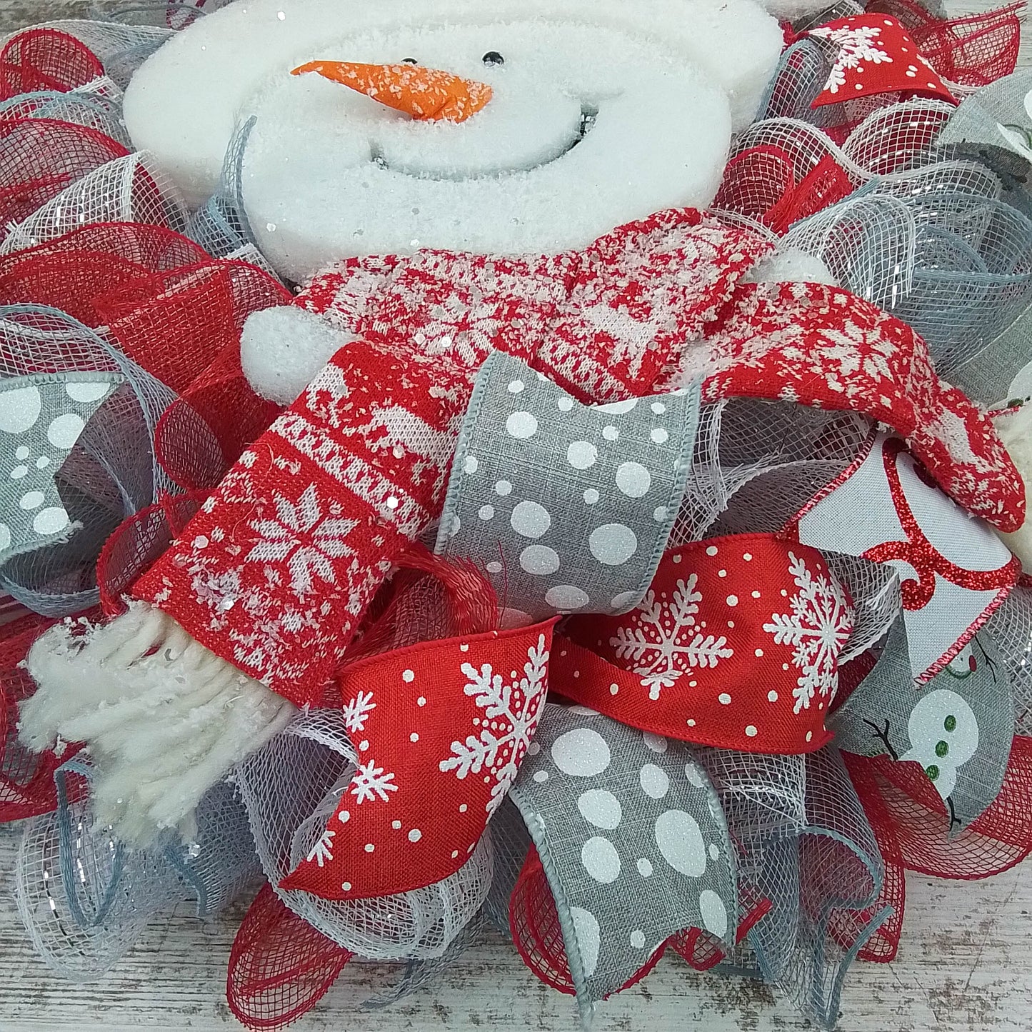 Snowman Front Door Wreath, Red Grey Silver White