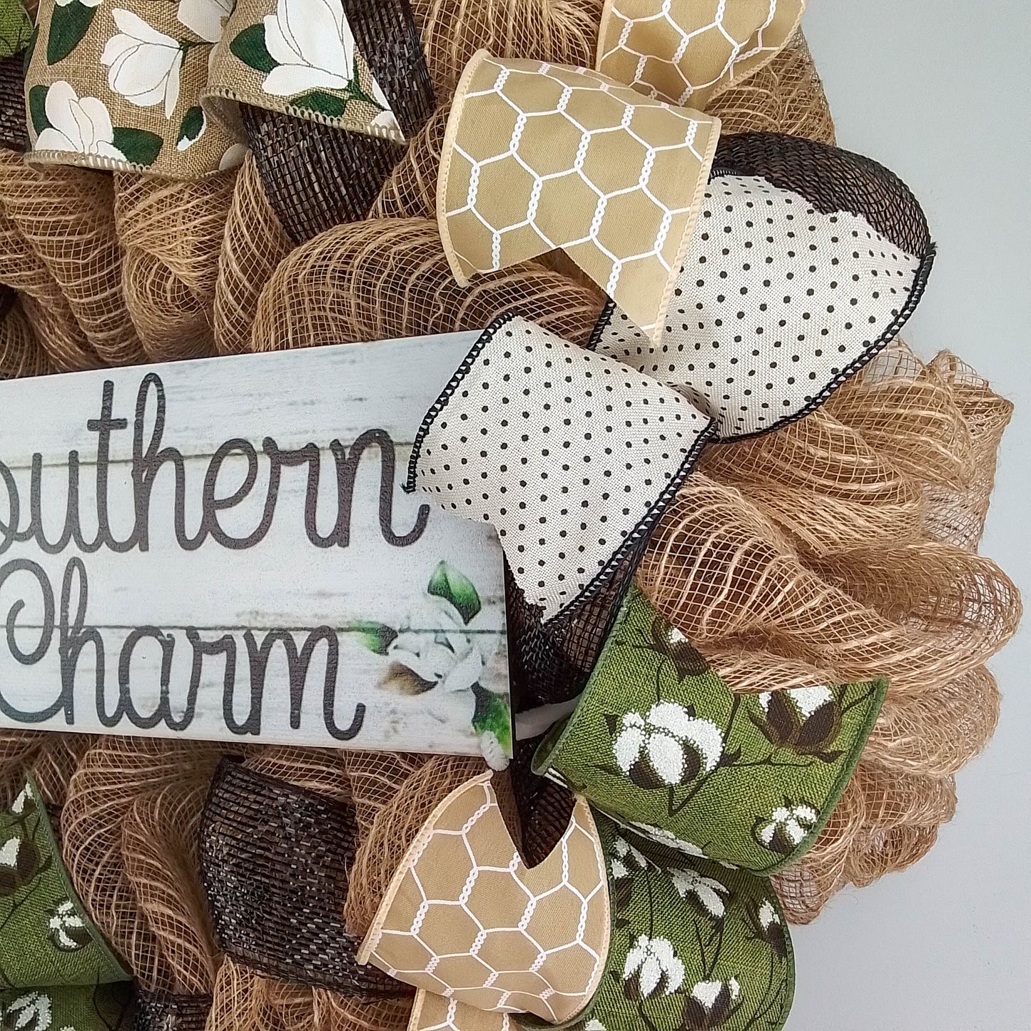 Southern Charm Magnolia Wreath - Black Green Spring Burlap Decor - Wedding Gift - Moss Burlap White