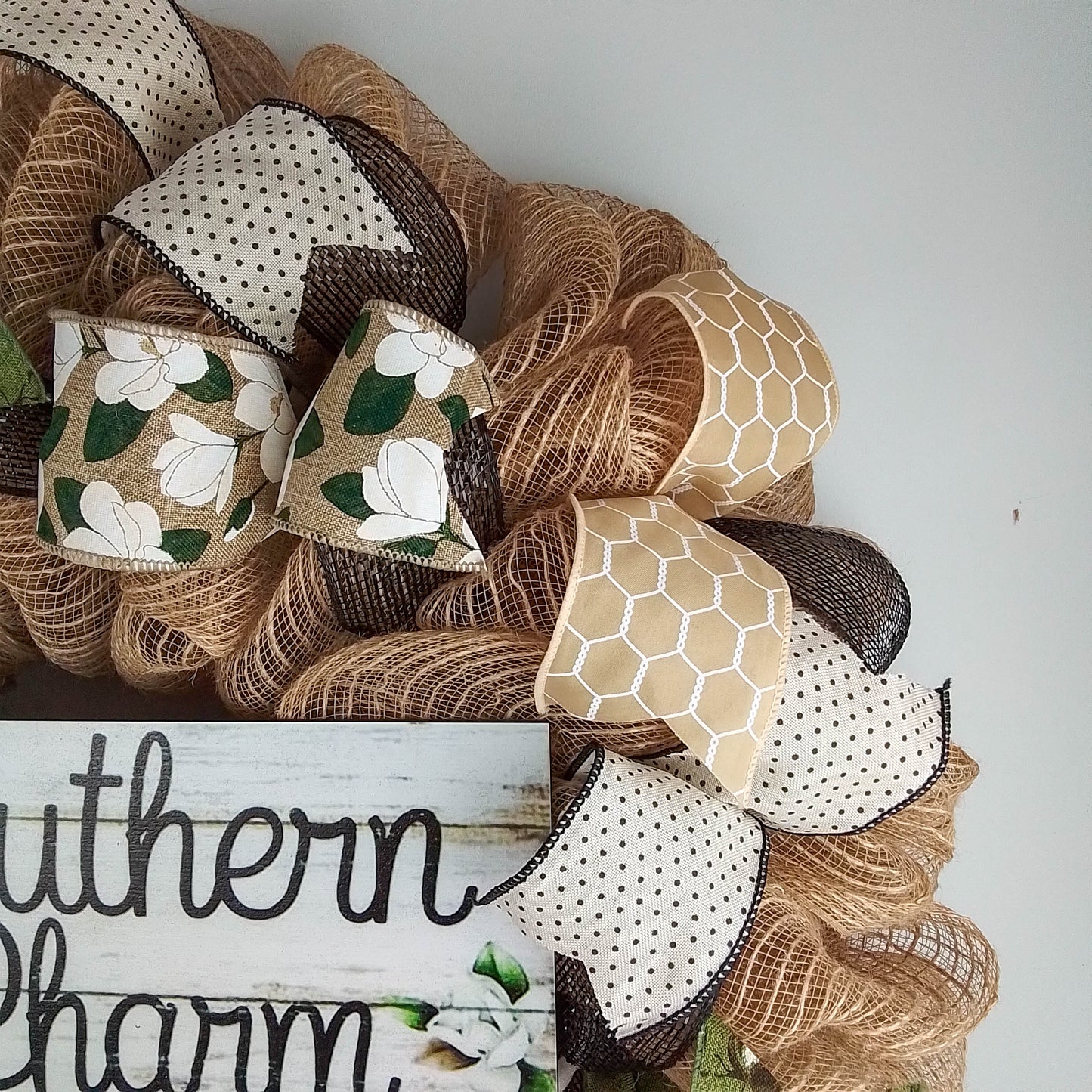 Southern Charm Magnolia Wreath - Black Green Spring Burlap Decor - Wedding Gift - Moss Burlap White