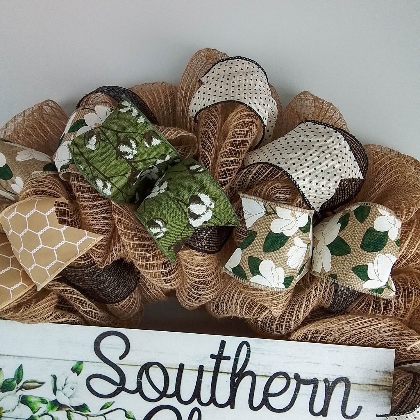 Southern Charm Magnolia Wreath - Black Green Spring Burlap Decor - Wedding Gift - Moss Burlap White