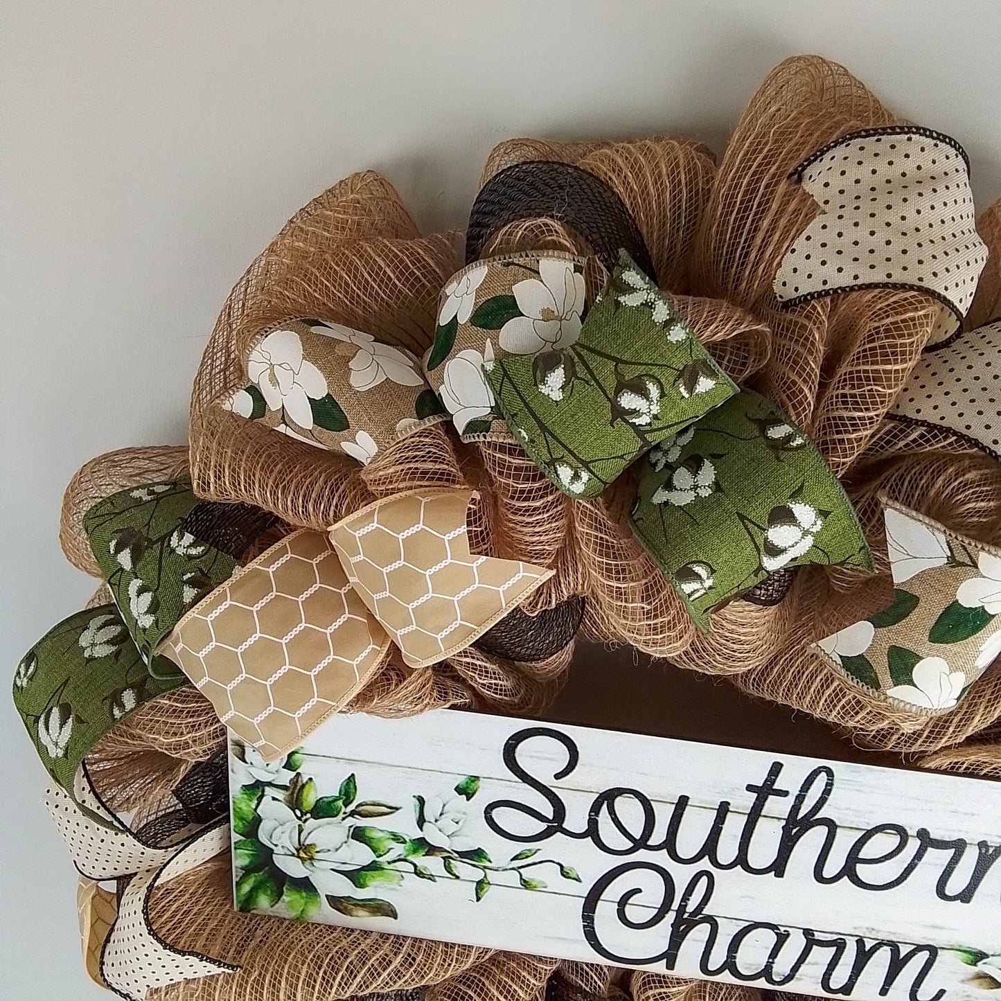 Southern Charm Magnolia Wreath - Black Green Spring Burlap Decor - Wedding Gift - Moss Burlap White