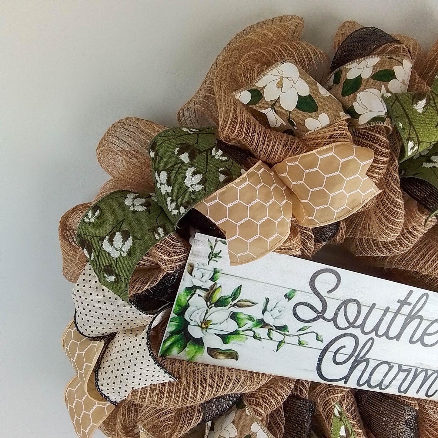 Southern Charm Magnolia Wreath - Black Green Spring Burlap Decor - Wedding Gift - Moss Burlap White