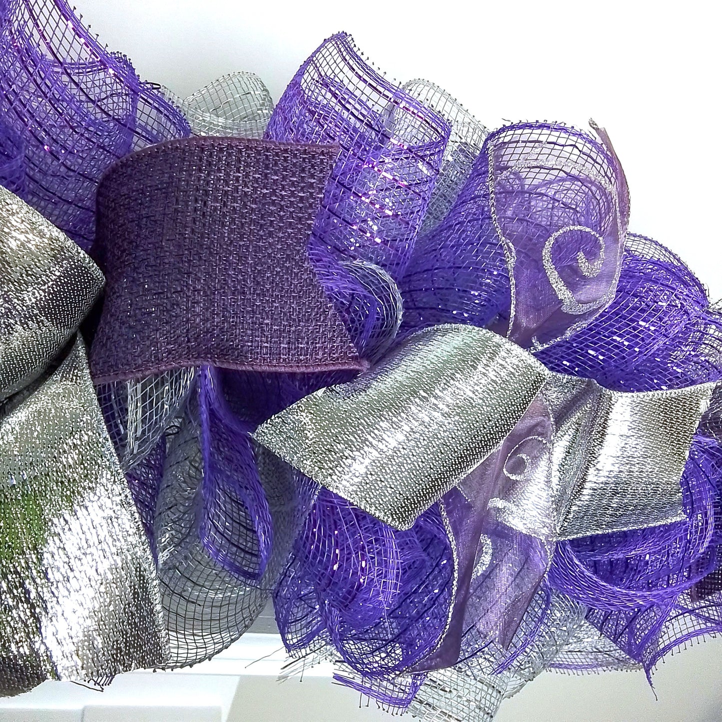 Non-traditional Christmas Mantle Garland, Purple and Silver Mesh Decor, Versatile Indoor/Outdoor Decoration