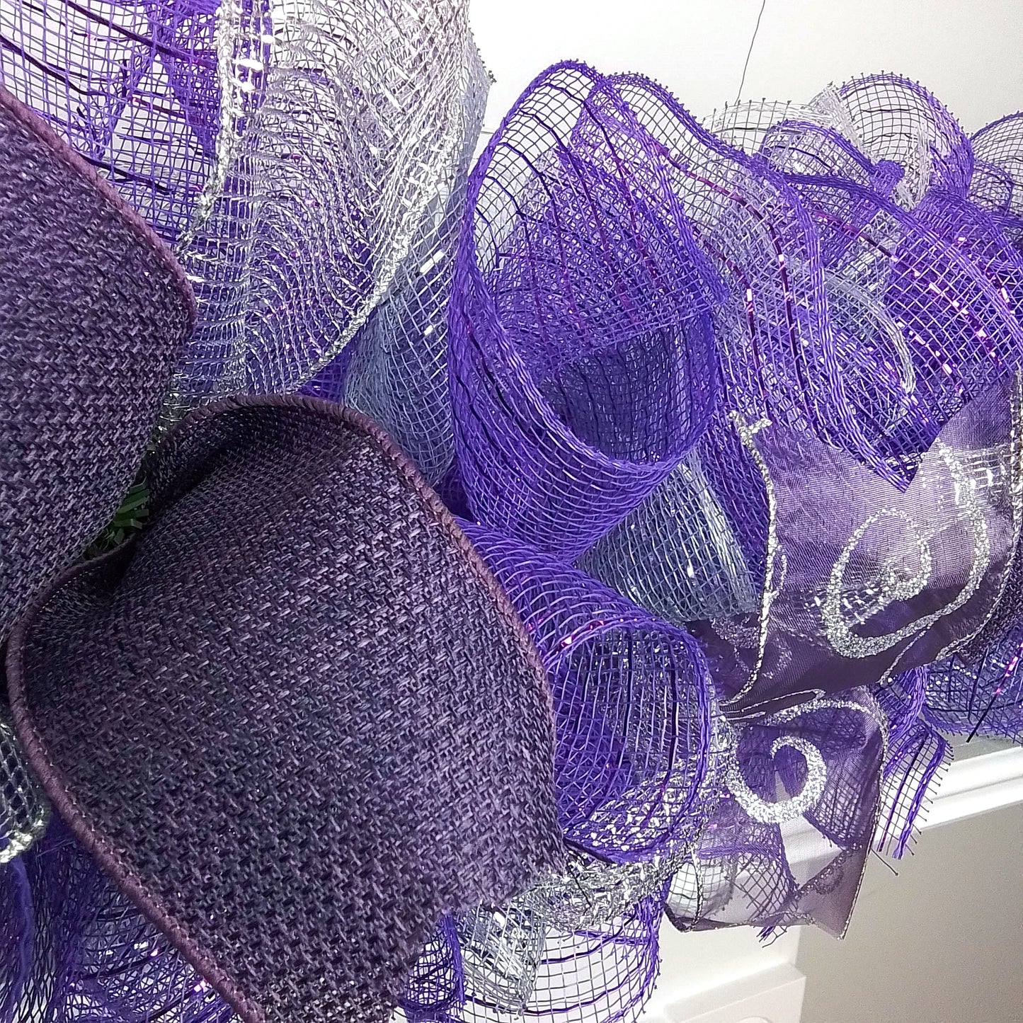 Non-traditional Christmas Mantle Garland, Purple and Silver Mesh Decor, Versatile Indoor/Outdoor Decoration