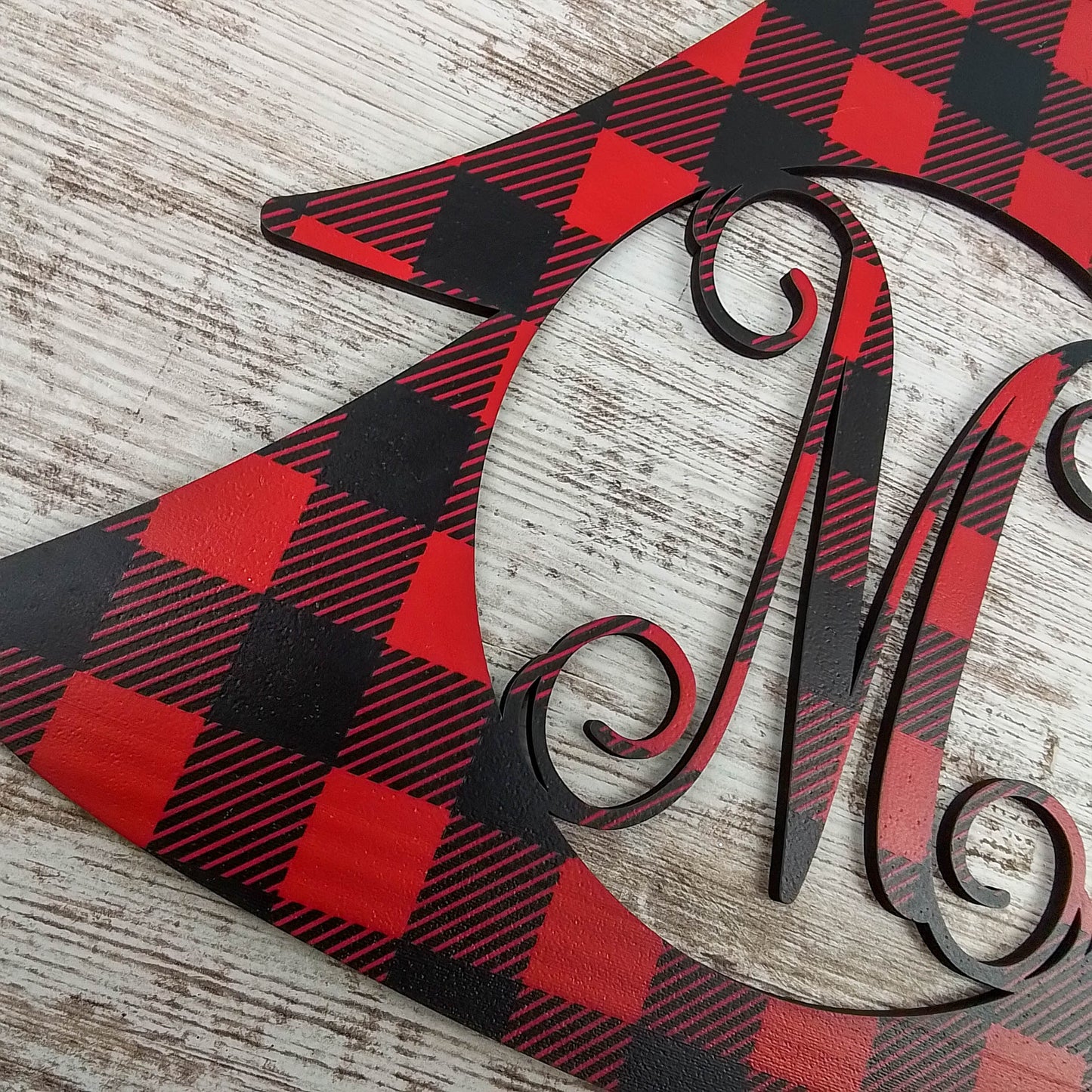 Red and Black Buffalo Plaid Door Hanger, Monogrammed Christmas Decor