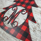 Red and Black Buffalo Plaid Door Hanger, Monogrammed Christmas Decor