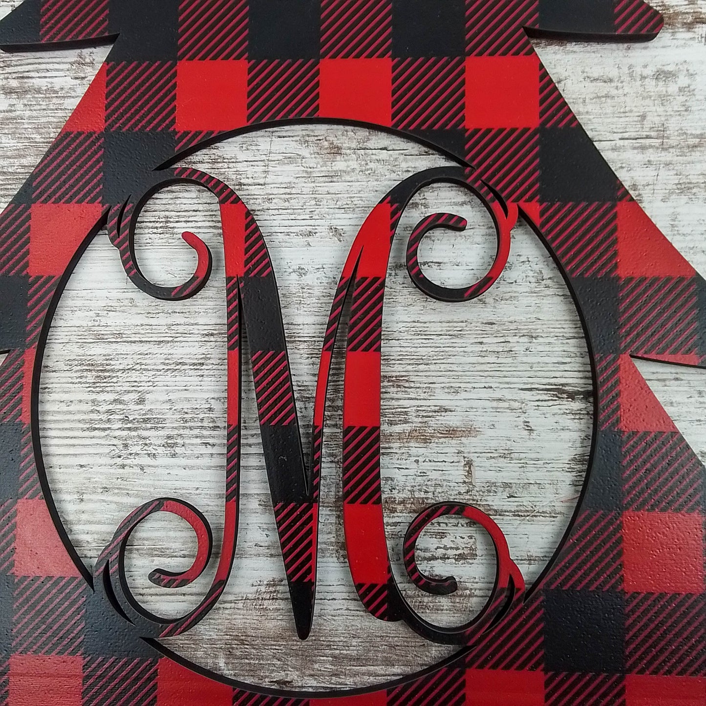 Red and Black Buffalo Plaid Door Hanger, Monogrammed Christmas Decor