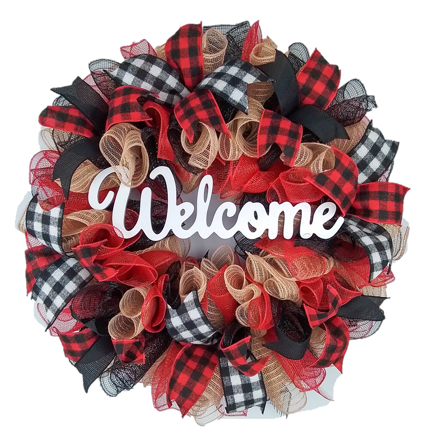 Buffalo Plaid Check Wreath - Front Door Outdoor Mesh Christmas Decor Red Black Burlap