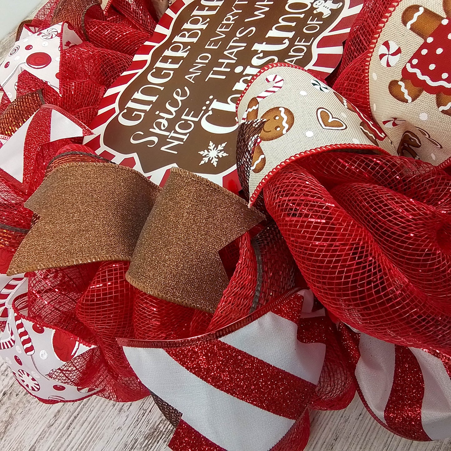 Gingerbread Wreath | Outdoor Christmas Wreath | Mesh Front Door Wreath | Red Brown White