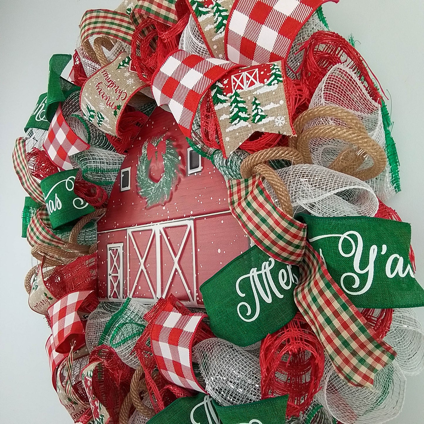 Winter Barn Christmas Mesh Wreath - Farmhouse Outdoor Front Door Decoration - Red Green White