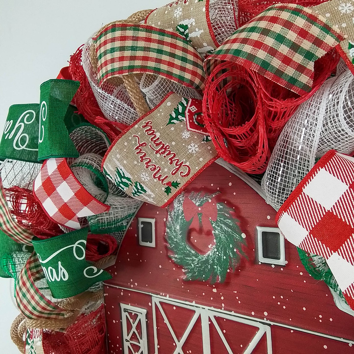 Winter Barn Christmas Mesh Wreath - Farmhouse Outdoor Front Door Decoration - Red Green White