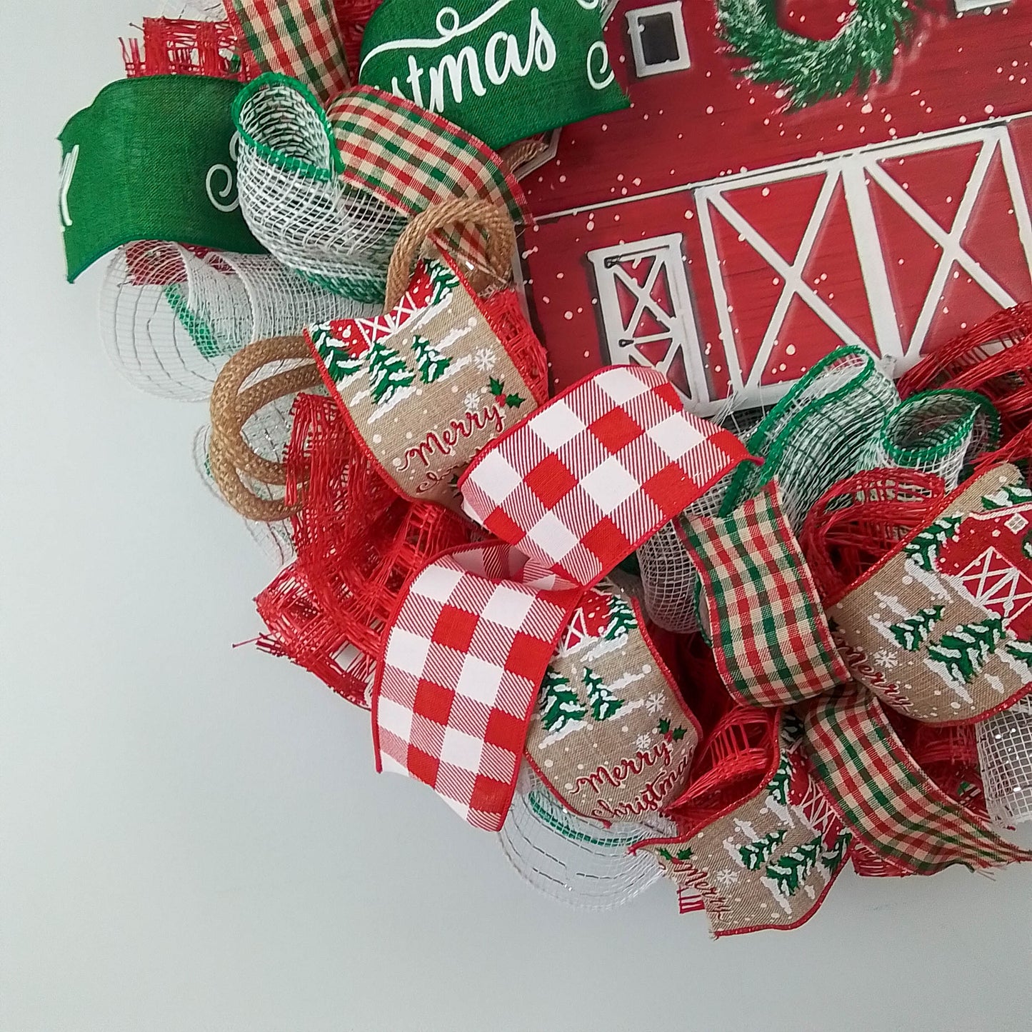 Winter Barn Christmas Mesh Wreath - Farmhouse Outdoor Front Door Decoration - Red Green White