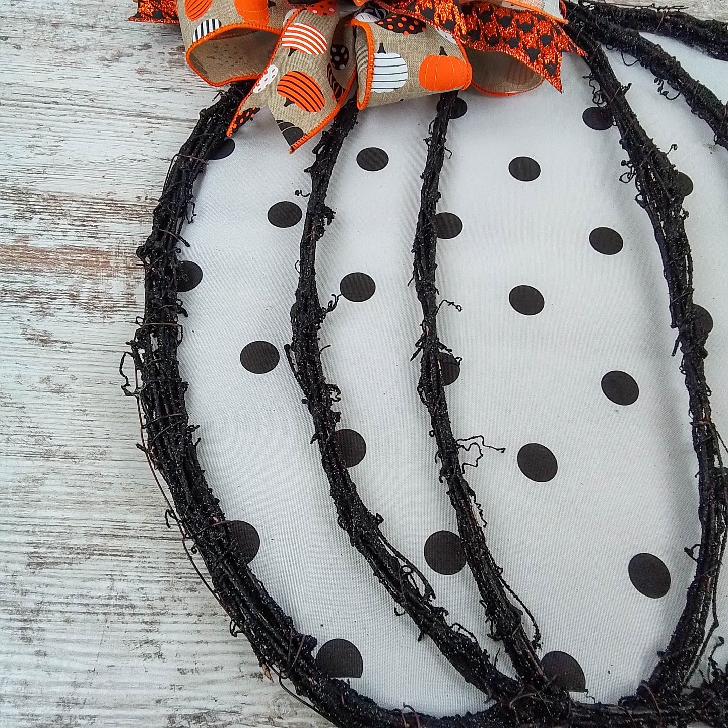 White Fall Decorations - Polka Dot Pumpkin Door Hanger - Whimsical Thanksgiving Grapevine Wreath - Halloween Door Hanger Oversized Bow Jute Burlap Door Decor