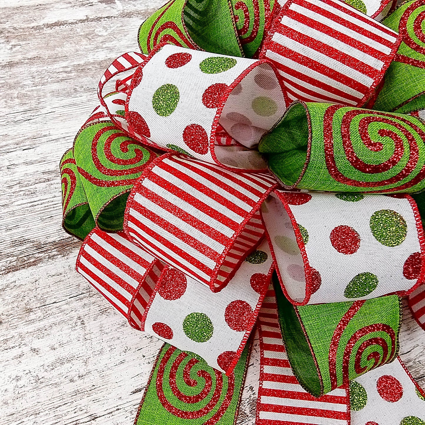 Candy Cane Stripe Christmas Tree Bow with Tails | Red White Emerald Green