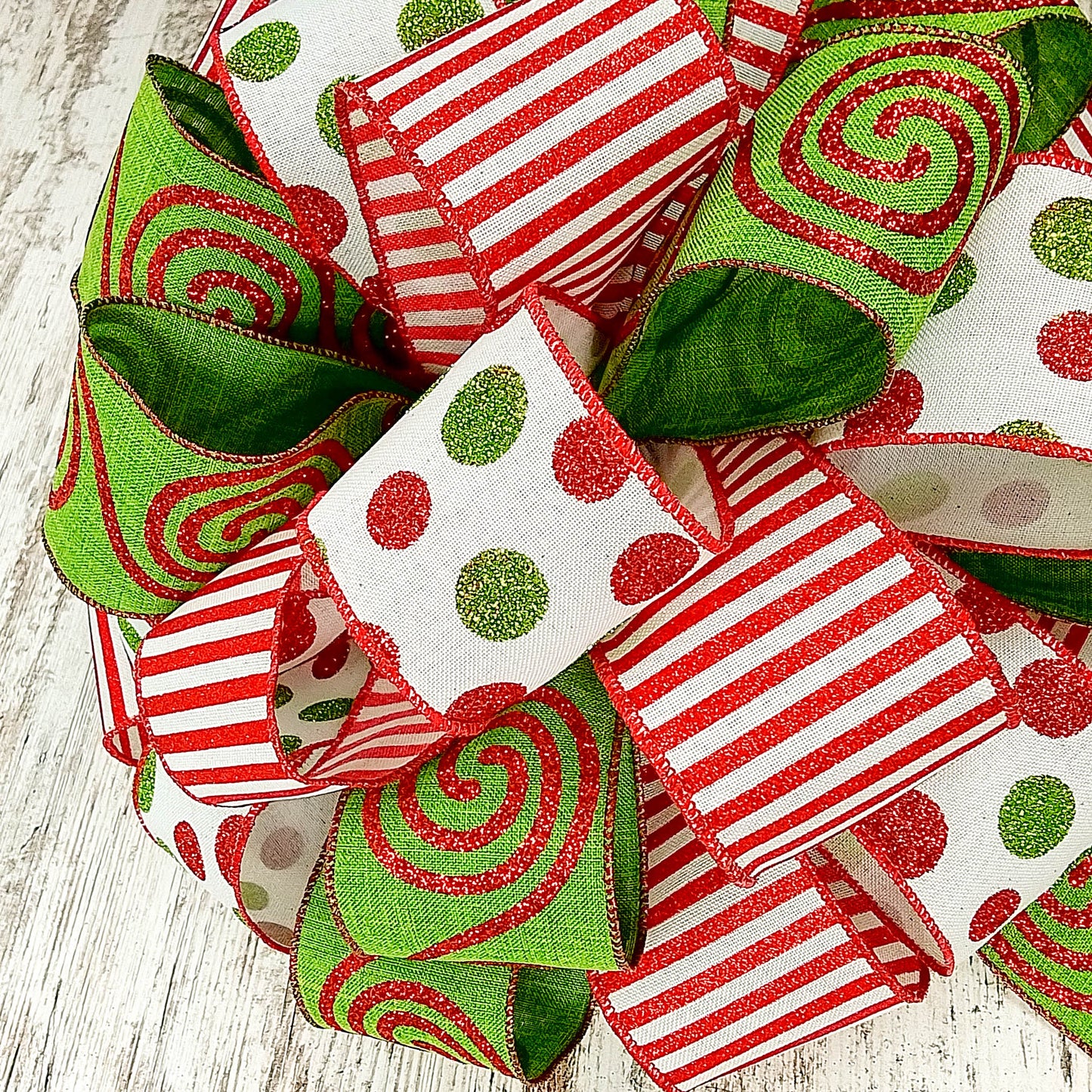 Candy Cane Stripe Christmas Tree Bow with Tails | Red White Emerald Green