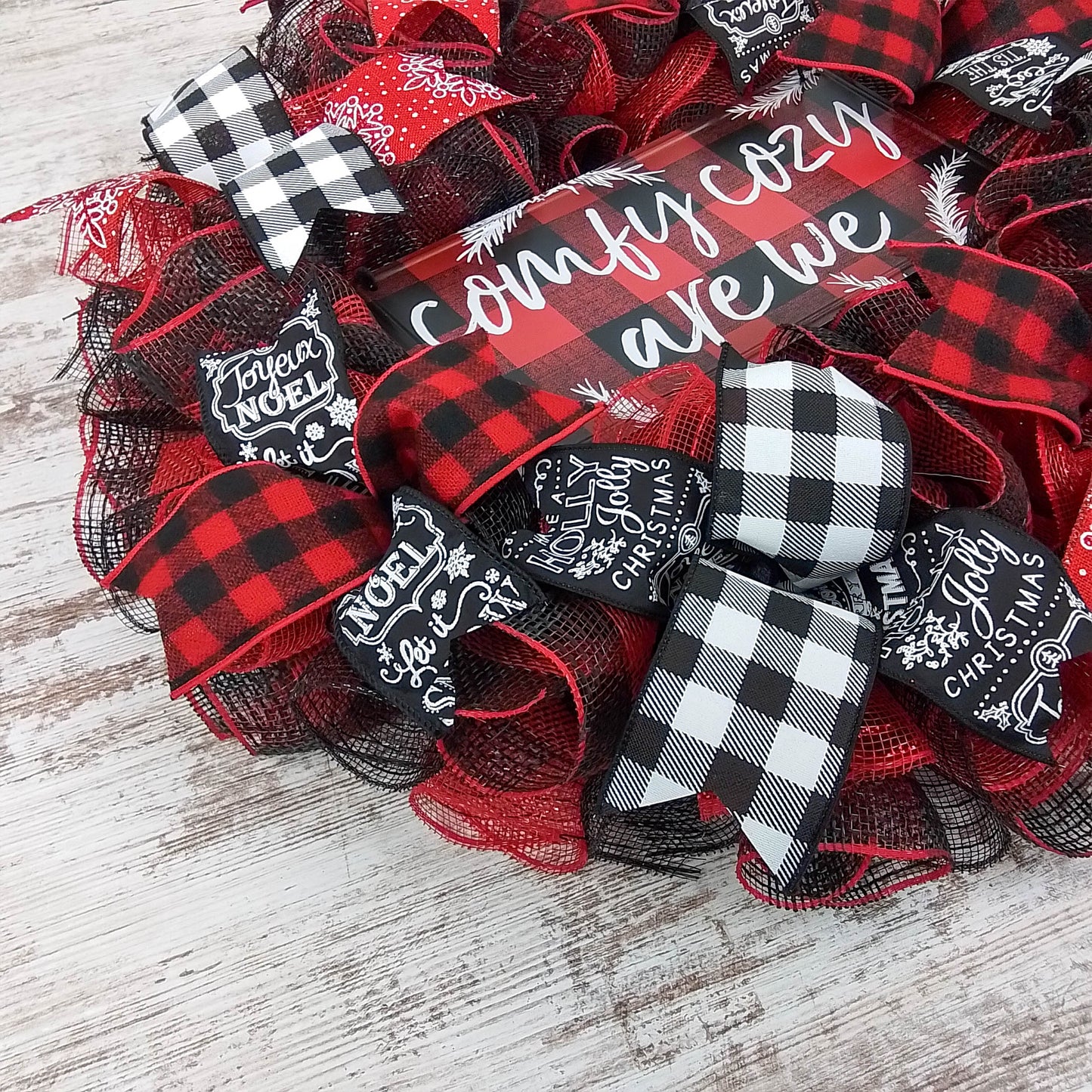 Buffalo Plaid Check Christmas Wreath | Black Red White | Comfy Cozy Are We