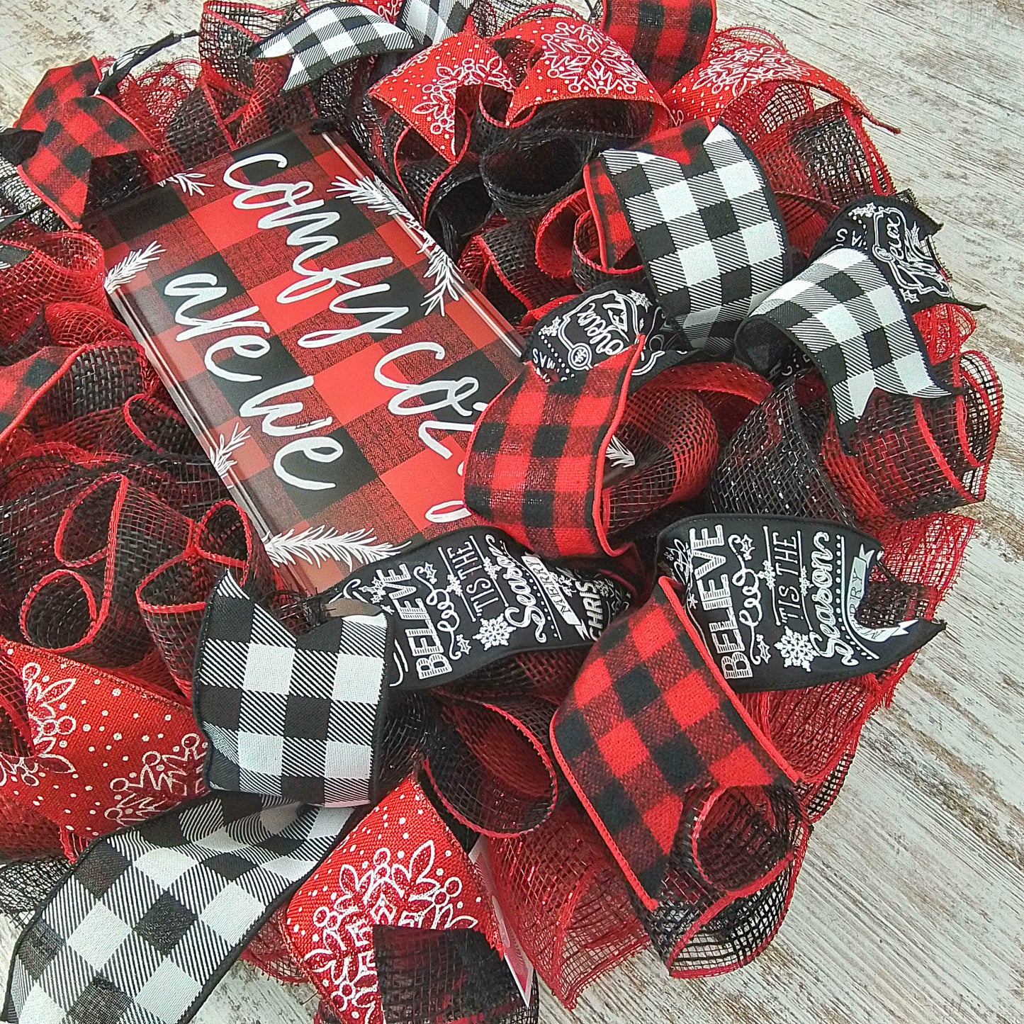 Buffalo Plaid Check Christmas Wreath | Black Red White | Comfy Cozy Are We