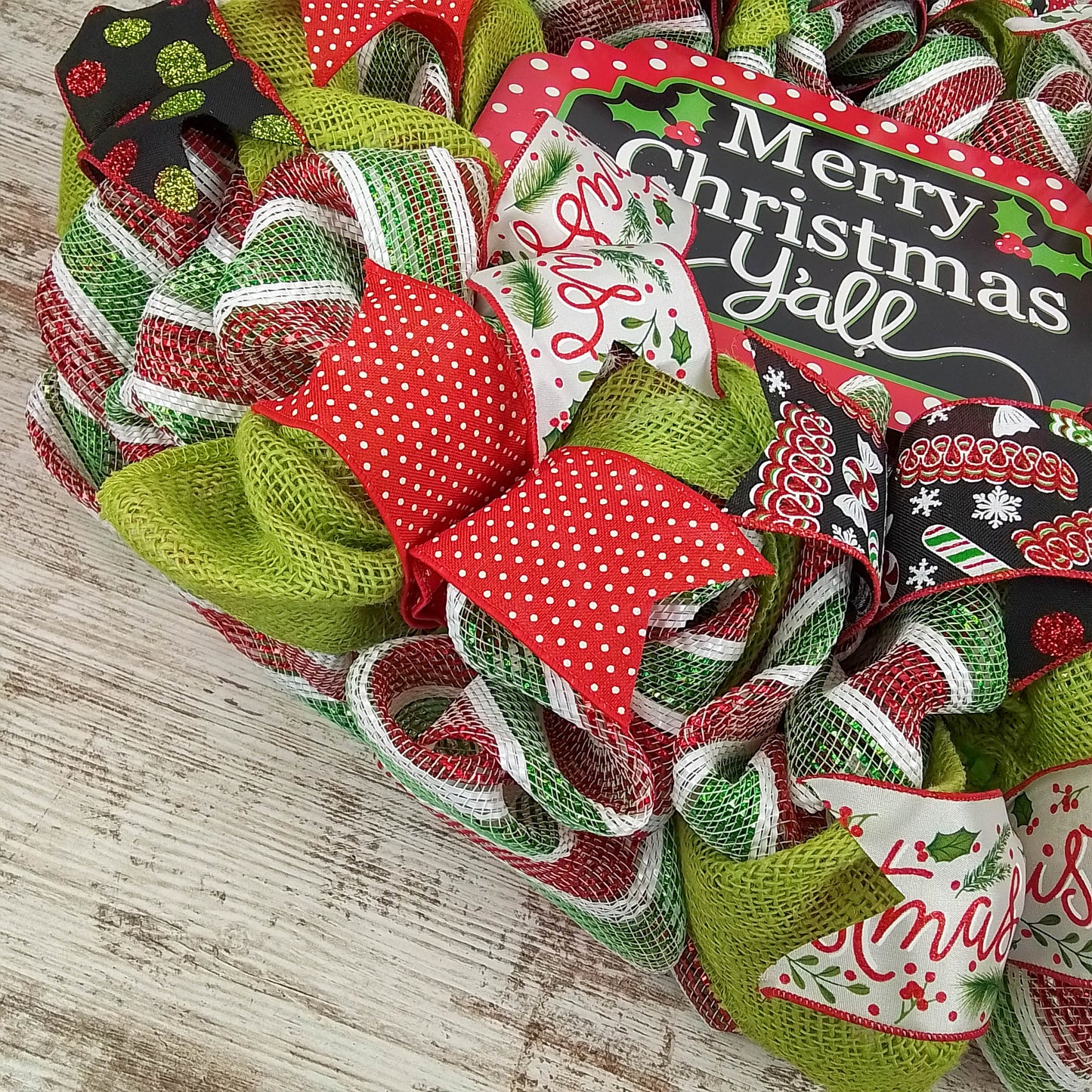 Merry Christmas Wreath | Merry Christmas Y'all | Mesh Front Door Wreath | Red Green White Black