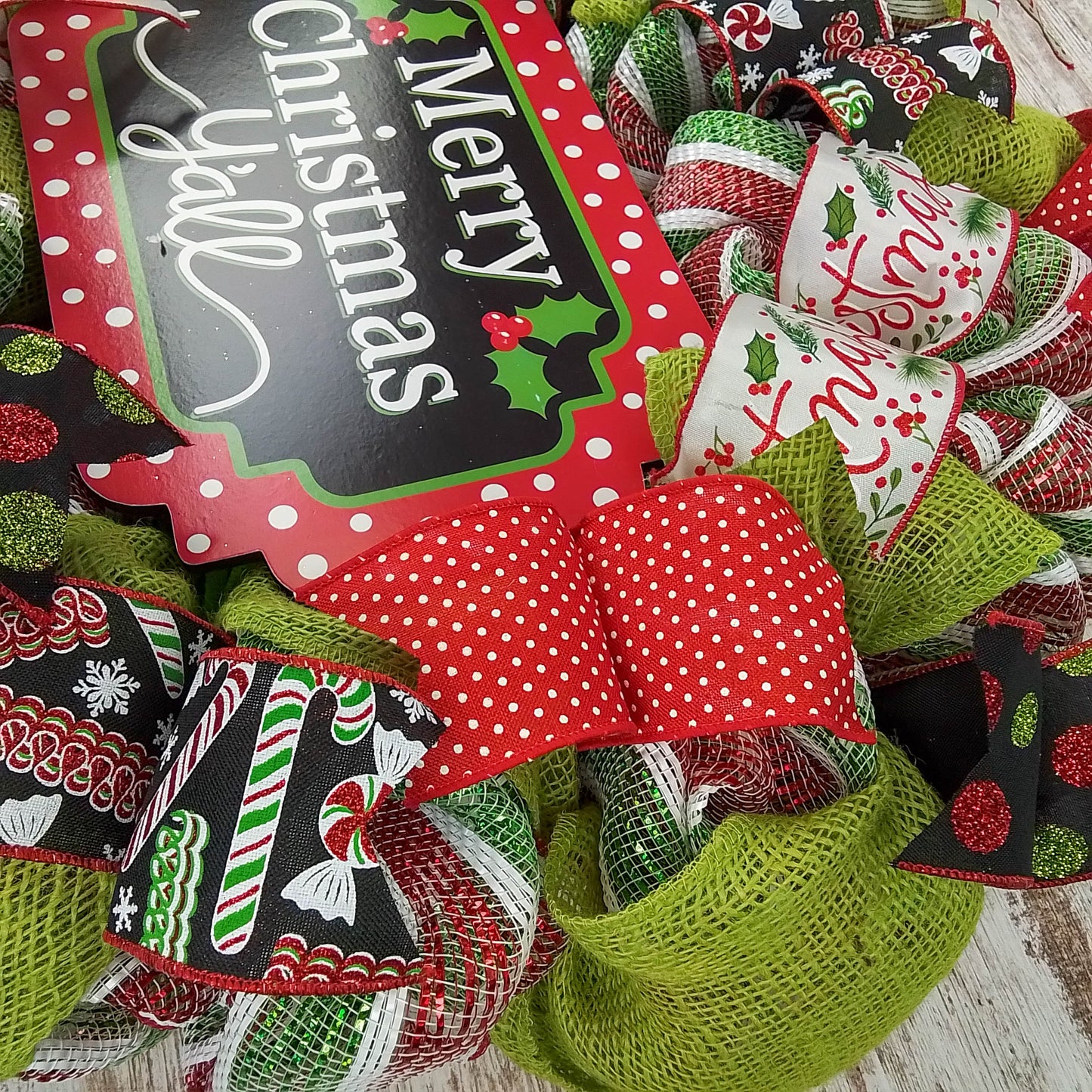 Merry Christmas Wreath | Merry Christmas Y'all | Mesh Front Door Wreath | Red Green White Black