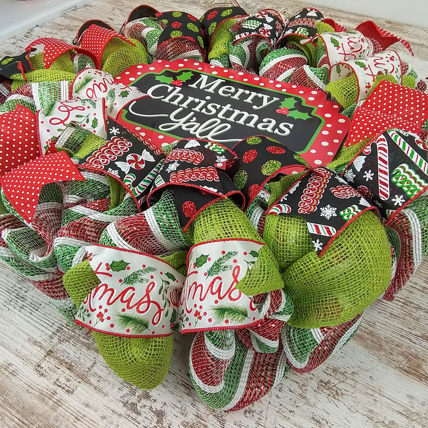 Merry Christmas Wreath | Merry Christmas Y'all | Mesh Front Door Wreath | Red Green White Black