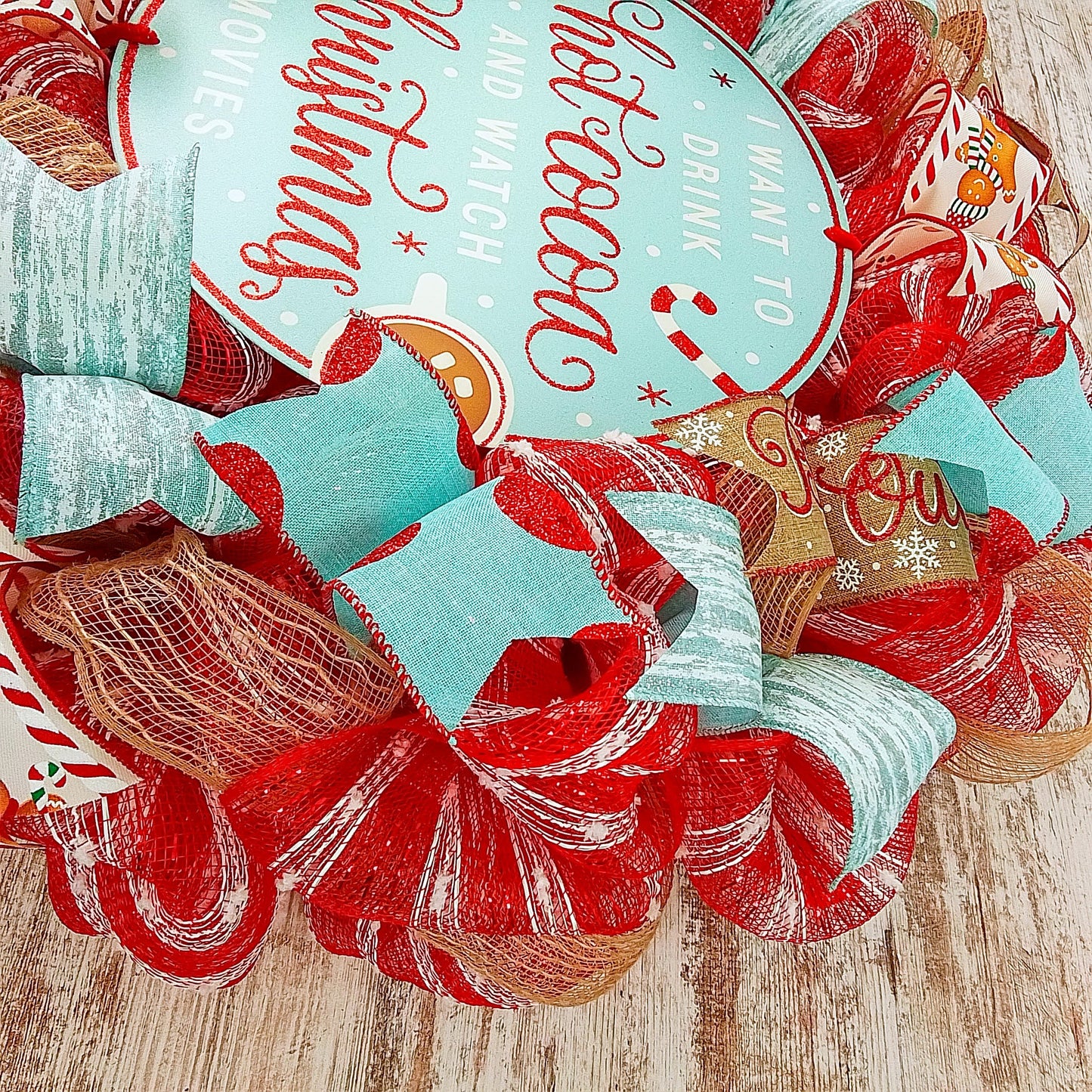 Christmas Cookies Gingerbread Wreath - Outdoor Holiday Wreath - Mesh Front Door Wreath - Turquoise Red Brown White Green