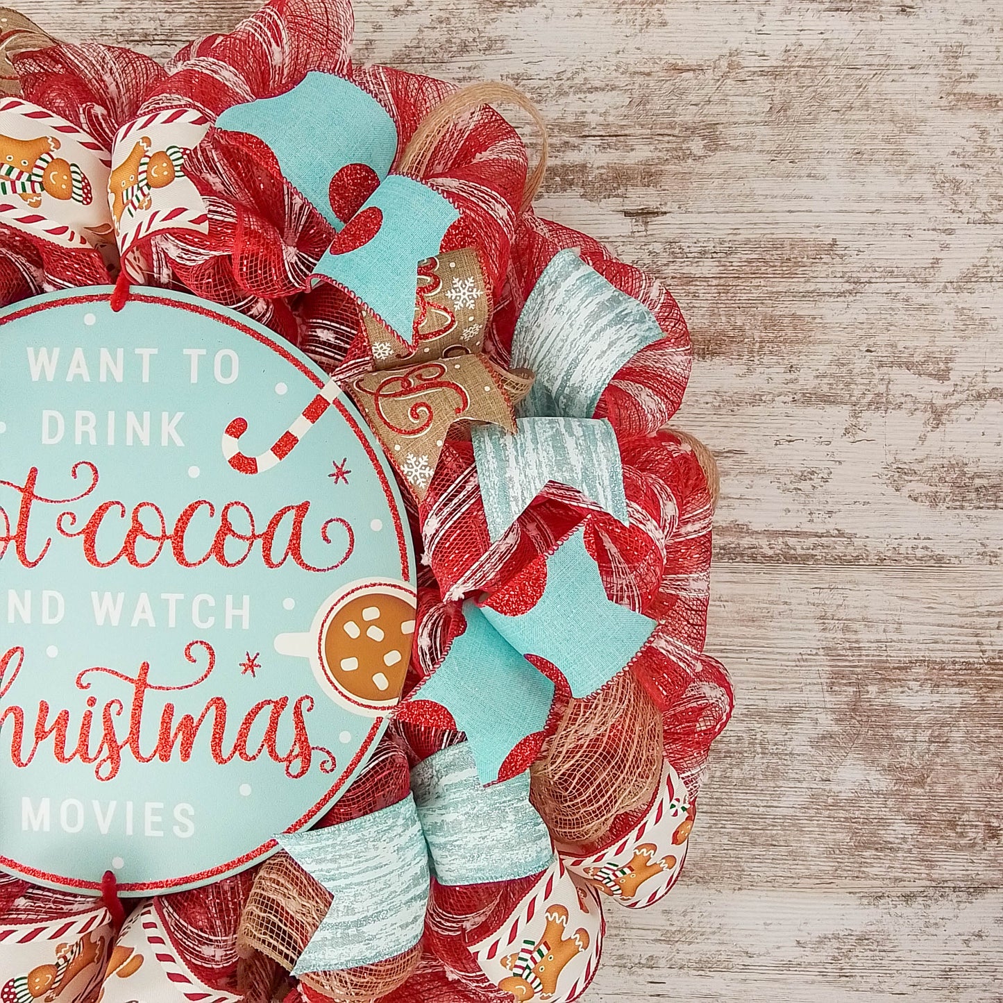 Christmas Cookies Gingerbread Wreath - Outdoor Holiday Wreath - Mesh Front Door Wreath - Turquoise Red Brown White Green