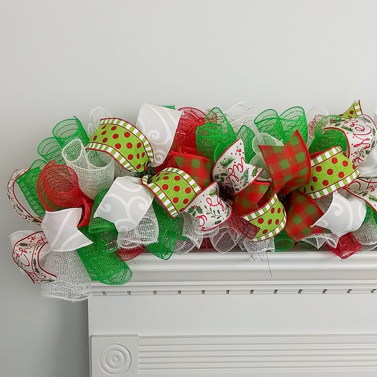 Red Lime Green White Christmas Garland for Staircase or Mantle - Over Door Swag Decor