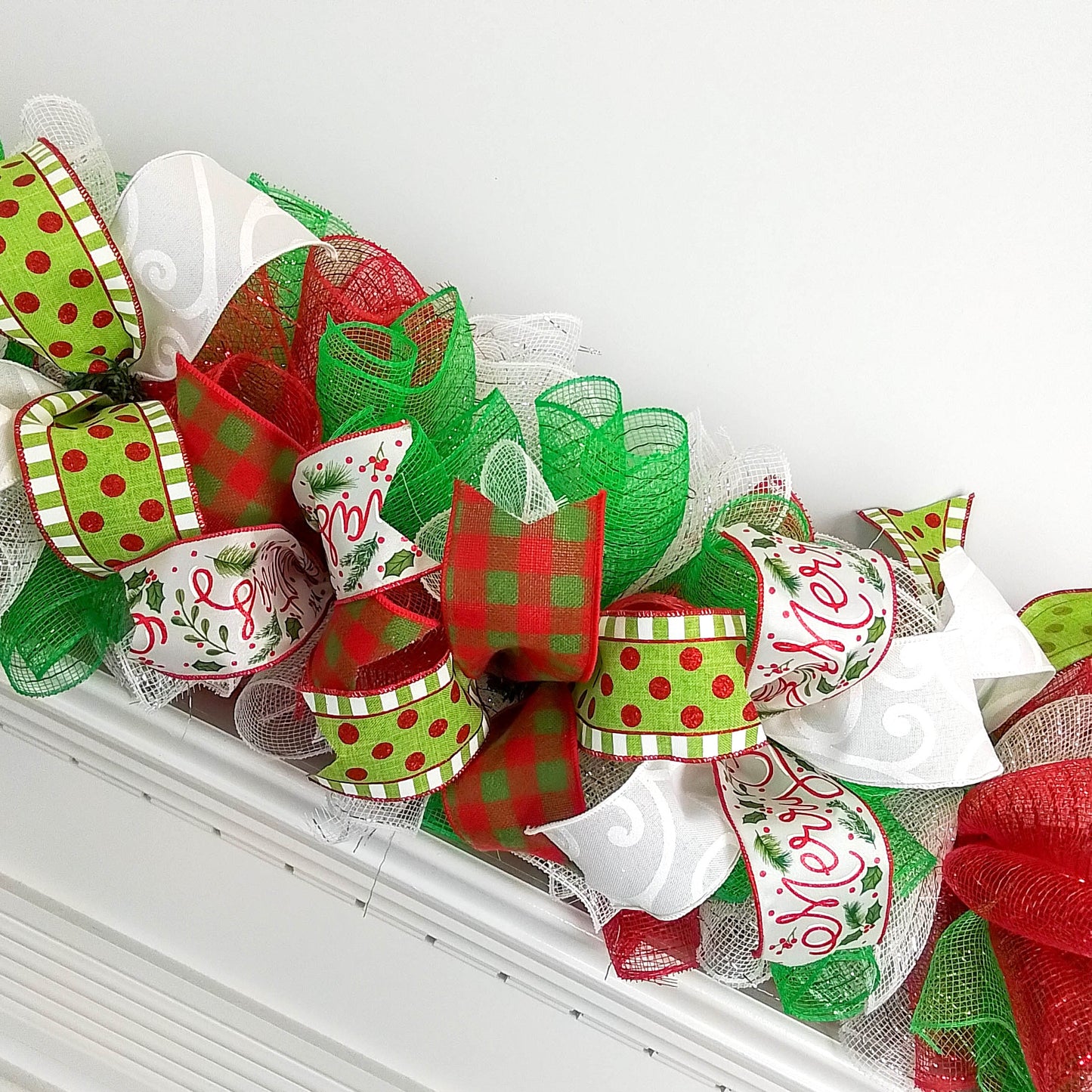 Red Lime Green White Christmas Garland for Staircase or Mantle - Over Door Swag Decor