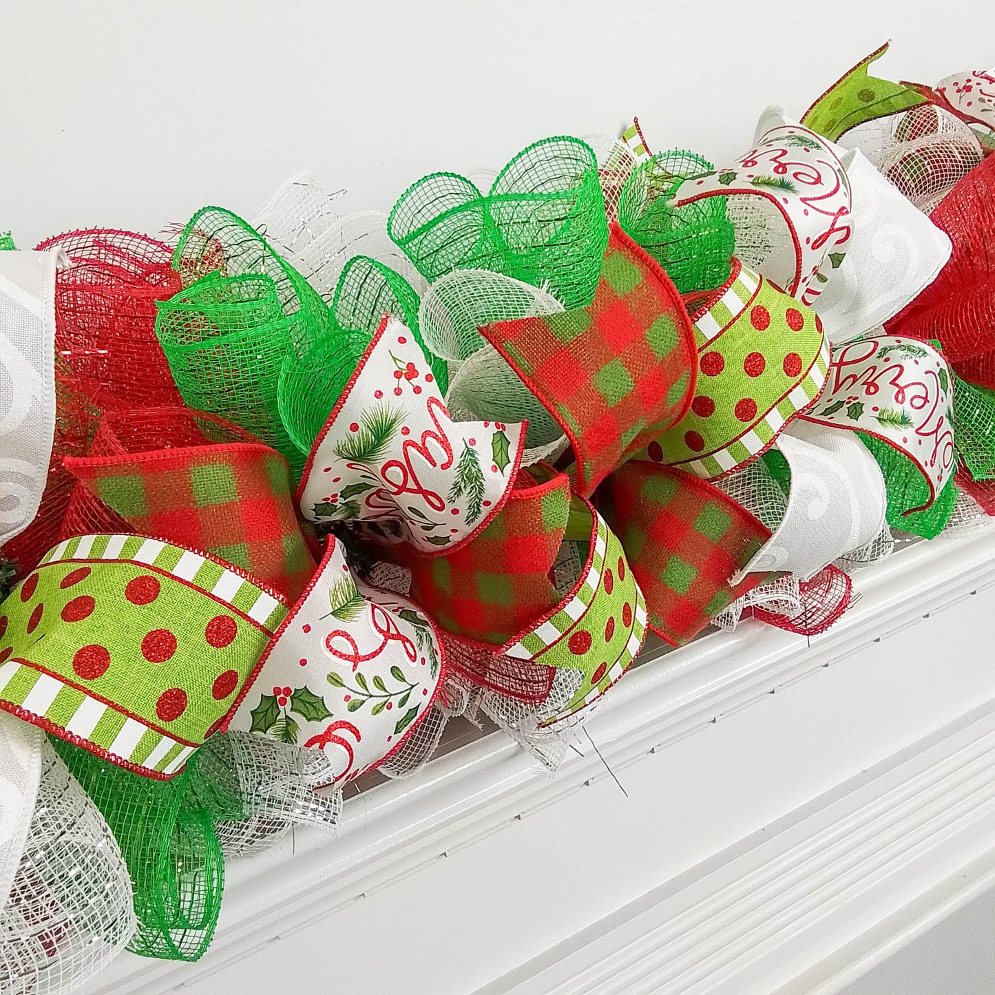 Red Lime Green White Christmas Garland for Staircase or Mantle - Over Door Swag Decor